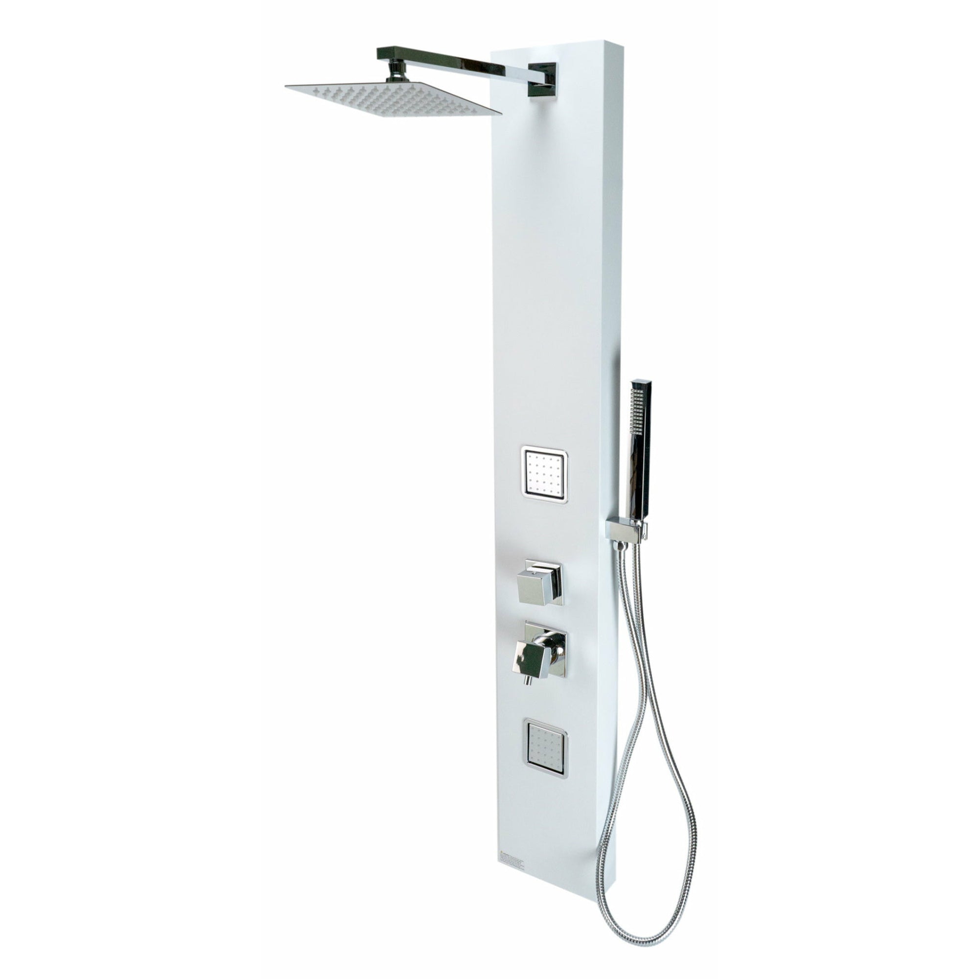 ALFI ABSP60W White Aluminum Shower Panel with 2 Body Sprays, Overhead Rain Shower Head, Sleek Stainless Steel panel with Polished Chrome handles & knobs, Flexible reinforced stainless steel hot & cold water supply hose in a white background. 