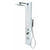 ALFI ABSP60W White Aluminum Shower Panel with 2 Body Sprays, Overhead Rain Shower Head, Sleek Stainless Steel panel with Polished Chrome handles & knobs, Flexible reinforced stainless steel hot & cold water supply hose in a white background. 