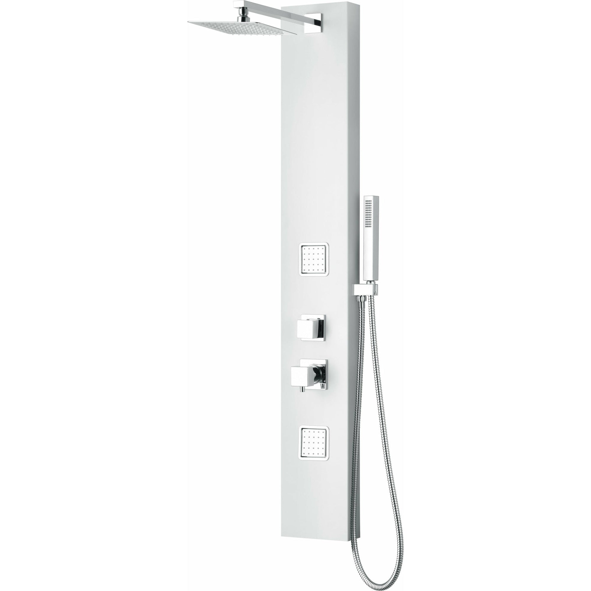 ALFI ABSP60W White Aluminum Shower Panel with 2 Body Sprays, Overhead Rain Shower Head, Sleek Stainless Steel panel with Polished Chrome handles & knobs, Flexible reinforced stainless steel hot & cold water supply hose in a white background. 