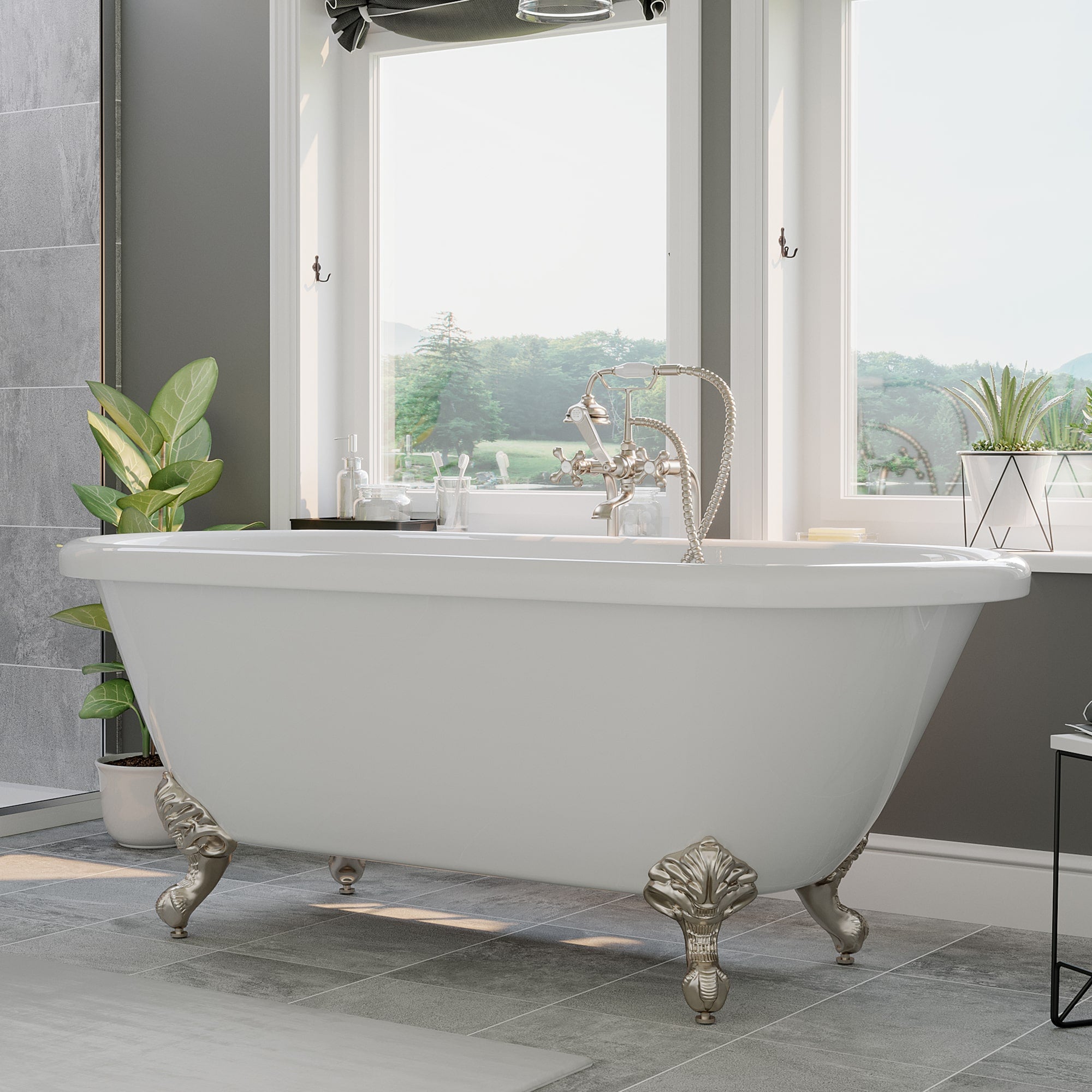 Cambridge Plumbing Double Ended Acrylic Clawfoot Soaking Tub ( White Gloss Finish) and Complete Plumbing Package ADE-398463-PKG-NH - with oil rubbed bronze ball and claw feet and oil rubbed bronze plumbing package - In bathroom setting - Vital Hydrotherapy