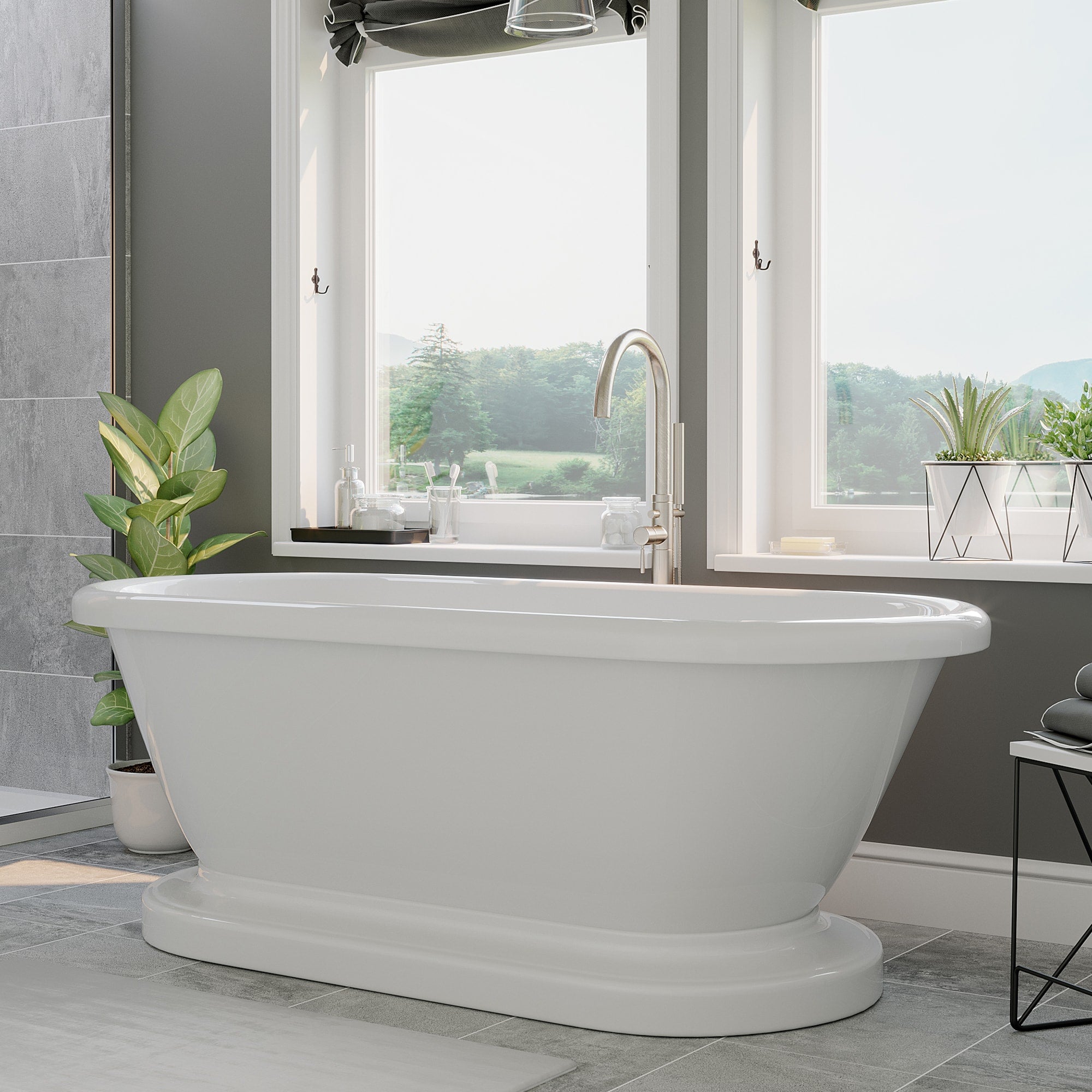 Cambridge Plumbing Double Ended Acrylic Pedestal Bathtub (White Gloss Finish) with Continuous Rim and Complete Plumbing Package -Brushed nickel tub filler with handheld shower - ADEP-150-PKG-NH - Vital Hydrotherapy