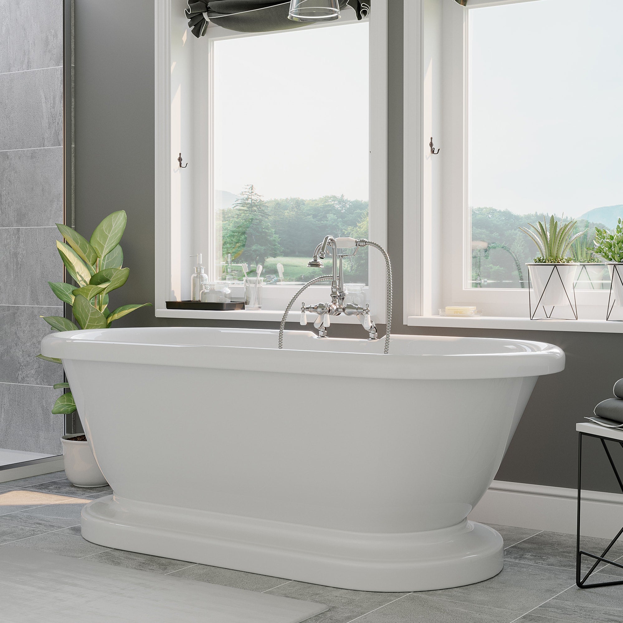 Cambridge Plumbing Double Ended Acrylic Pedestal Bathtub (White Gloss Finish) with Faucet Drillings and Complete Plumbing Package - Brushed nickel tub filler - ADEP60-684D-PKG-7DH - Vital Hydrotherapy