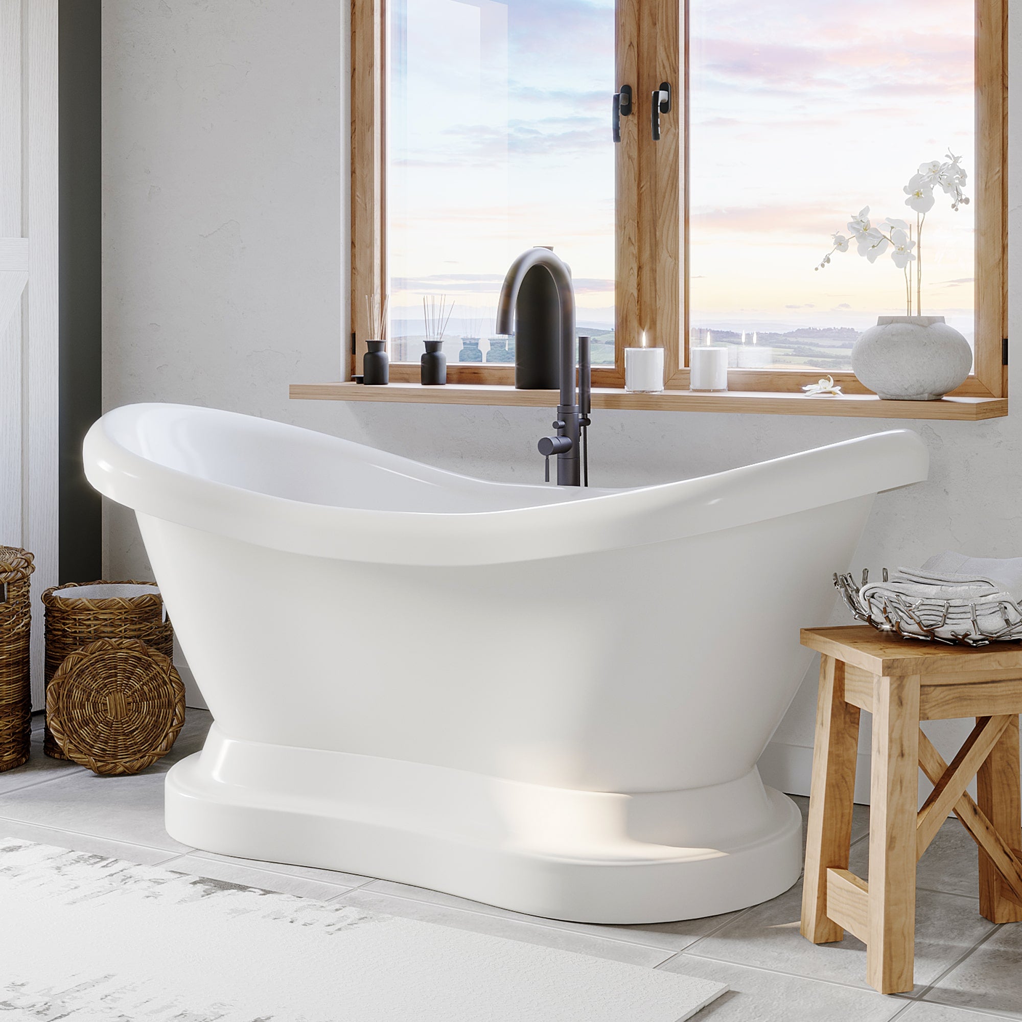 Cambridge Plumbing Double Slipper Acrylic Pedestal Soaking Tub (Fiberglass Core & White  Gloss Finish) with Complete Plumbing Package - Brushed nickel tub filler - Actual Dimensions: 30 1/3" H x 28" W x 68 4/5" L - ADES-PED-150-PKG-NH - Vital Hydrotherapy