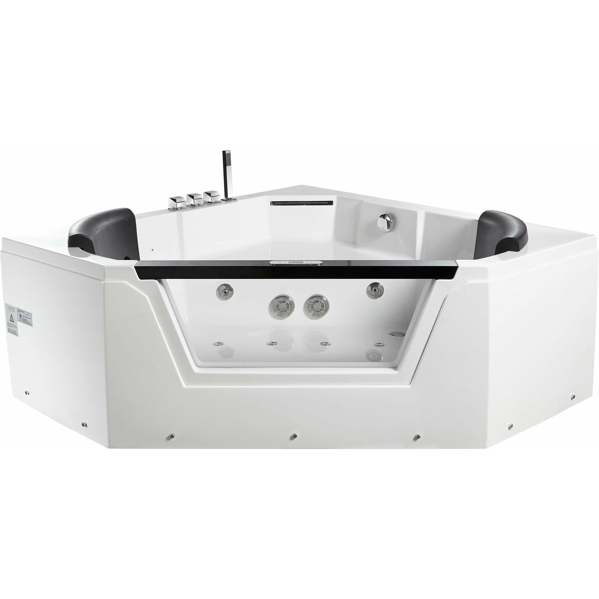 EAGO AM156ETL 5 ft Clear Corner Acrylic Whirlpool Bathtub for Two - tempered glass front panel, fiberglass and stainless steel-reinforced MaxLoad™ high gloss acrylic with Keypad Control Panel, jets and square shaped hand held shower head front view in a white background