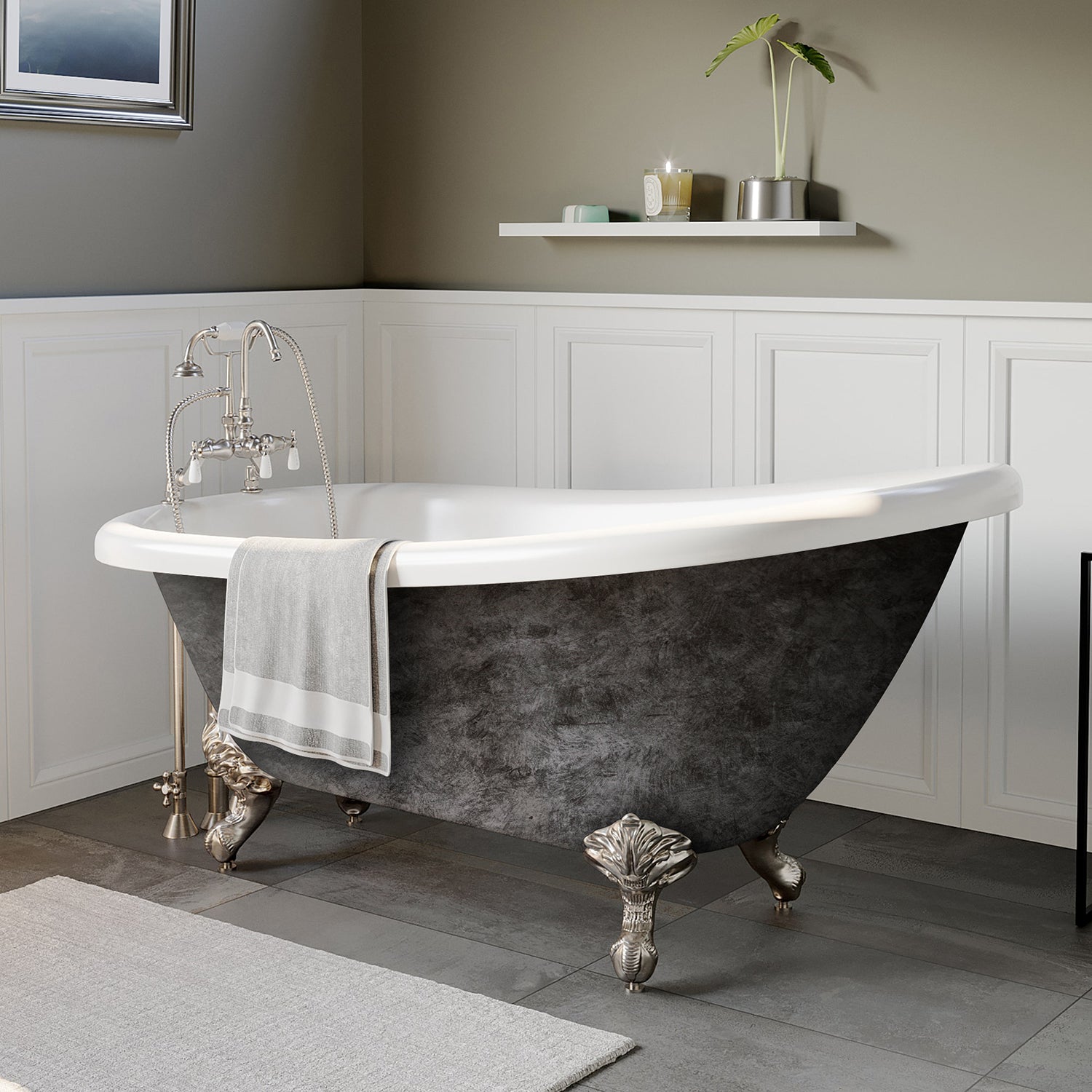 Cambridge Plumbing Slipper Hand Painted Scorched Platinum Acrylic Bathtub (Fiberglass Core, Interior White Gloss Finish & Hand Painted Faux Scorched Platinum Exterior) with 7" Deck Mount Faucet Holes and Claw Feet (Brushed Nickel) AST67-DH-SP - Vital Hydrotherapy