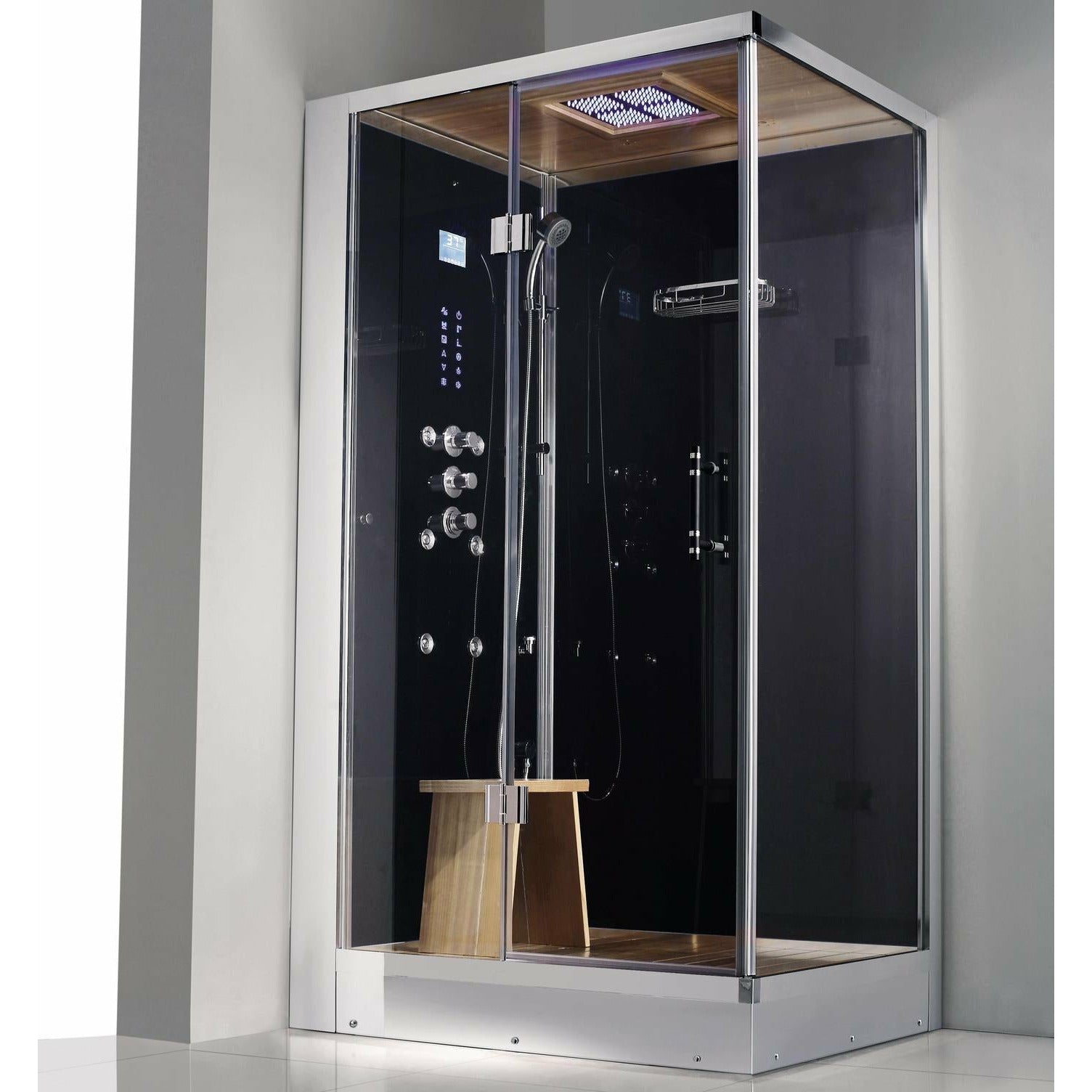 Athena Steam Shower with real oak wood ceiling and floor grids, a heavy-duty hinged glass door and a removable wooden stool left configuration