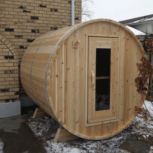 Dundalk Canadian Timber Harmony 4 Person White Cedar Sauna CTC22W - with bronze tempered glass with wooden frame and Heater inside - aluminum bands - flat floor included - solid wood benches - Outdoor Setting - Vital Hydrotherapy