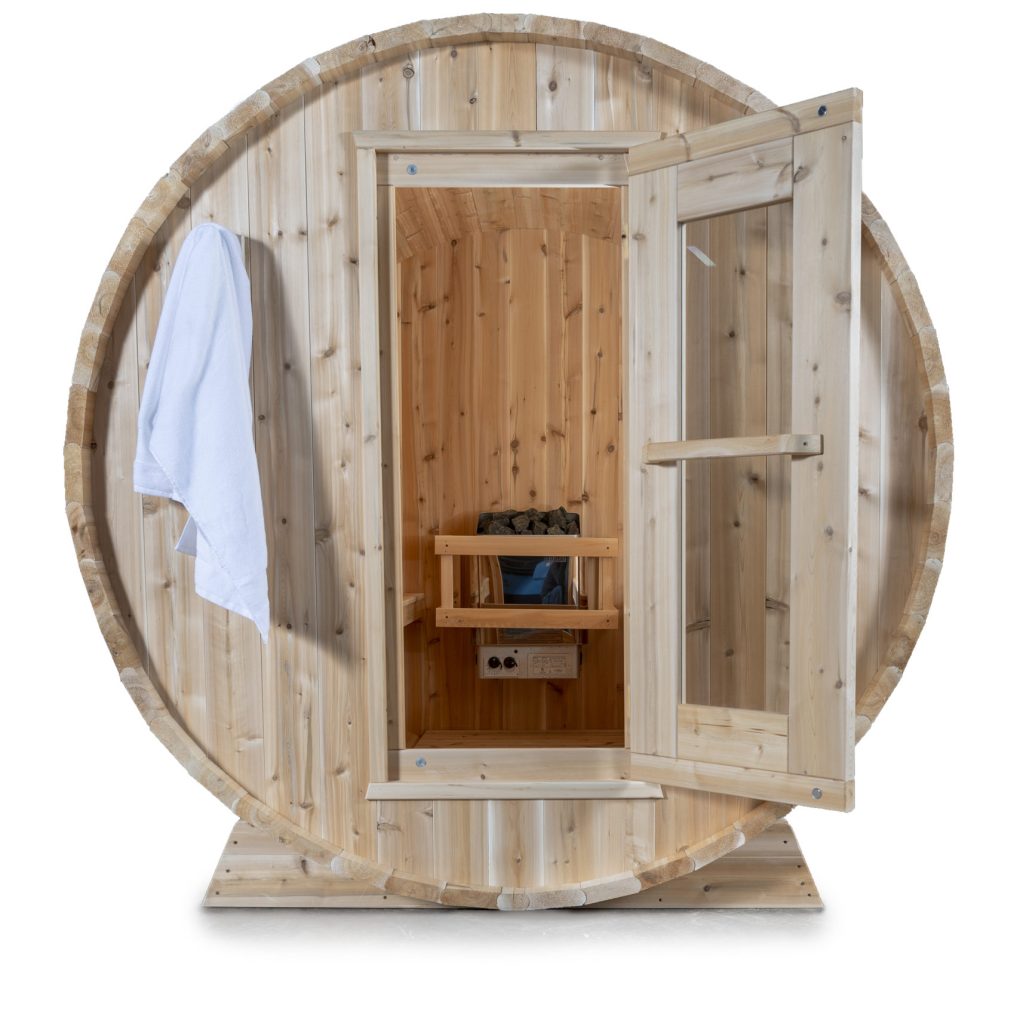 Dundalk Canadian Timber Harmony 4 Person White Cedar Sauna CTC22W - with bronze tempered glass with wooden frame and Heater inside - aluminum bands - flat floor included - solid wood benches  - Vital Hydrotherapy