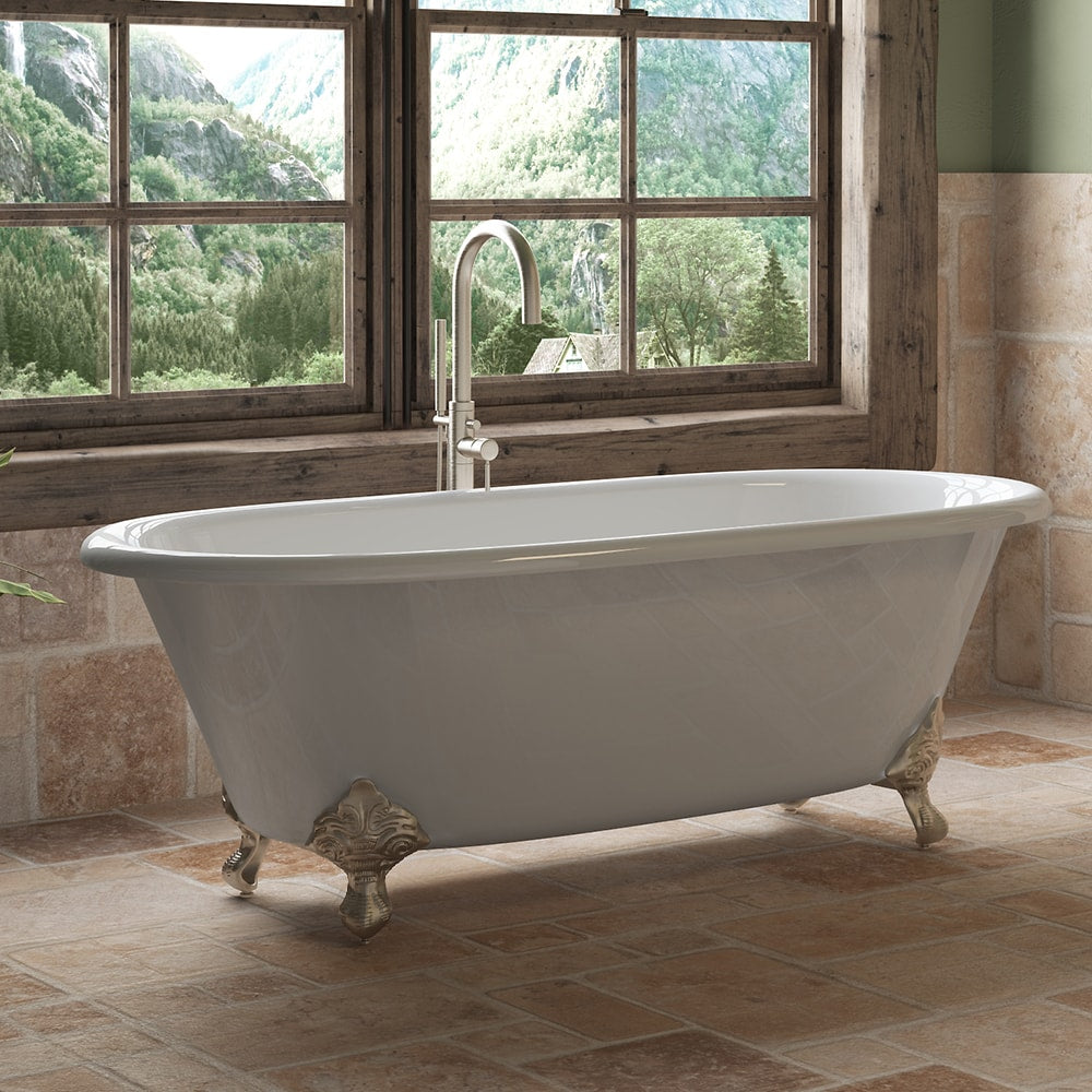 Cambridge Plumbing 66-Inch Double Ended Cast Iron Soaking Clawfoot Tub (Porcelain enamel interior and white paint exterior)with Feet (Brushed nickel) and No Faucet Holes DE-67-NH - Vital Hydrotherapy