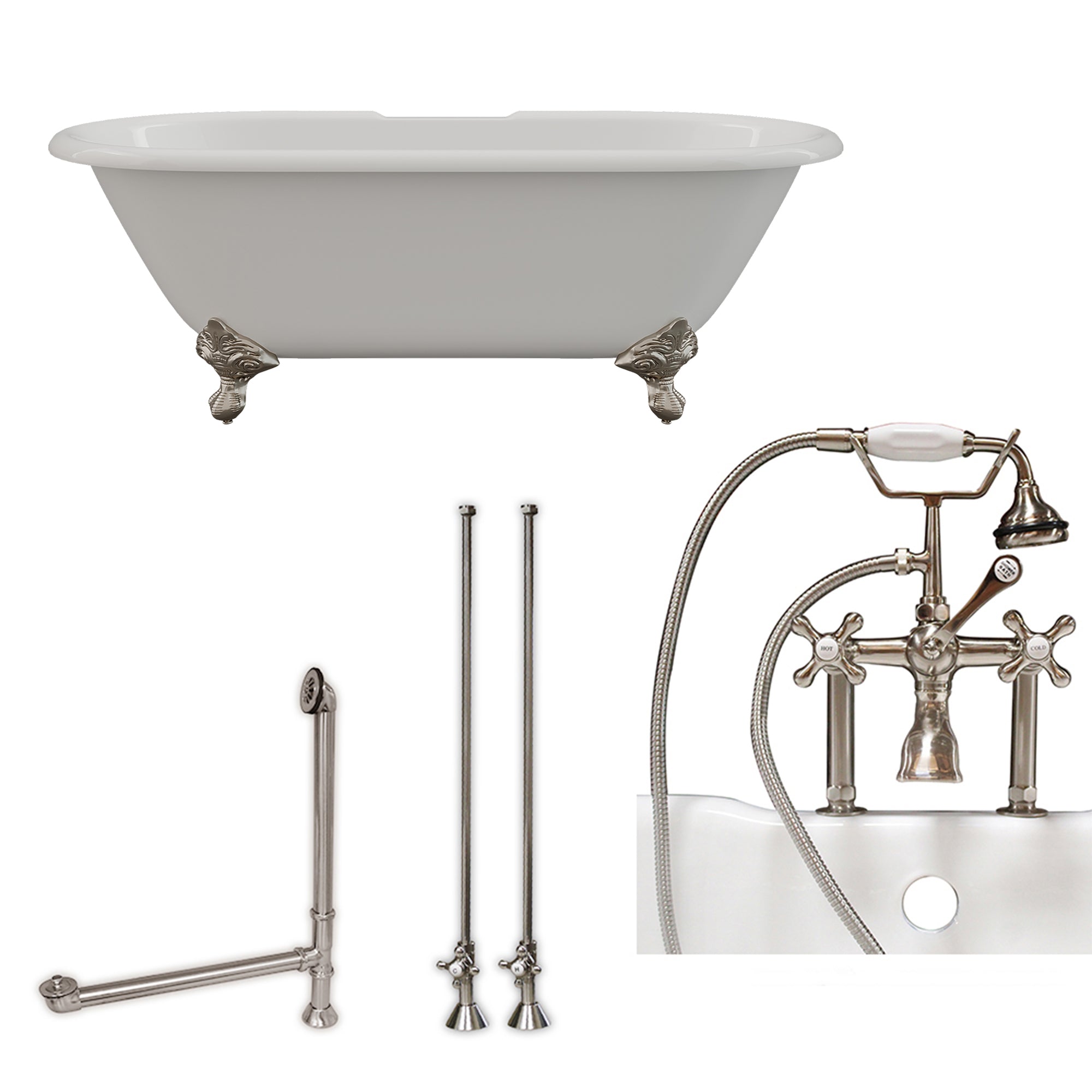 Cambridge Plumbing 60-Inch Double Ended Cast Iron Soaking Clawfoot Tub (Porcelain interior and white paint exterior)  and Complete Plumbing Package - ball and claw feet (Brushed nickel) DE60-463D-6-PKG-7DH - Vital Hydrotherapy