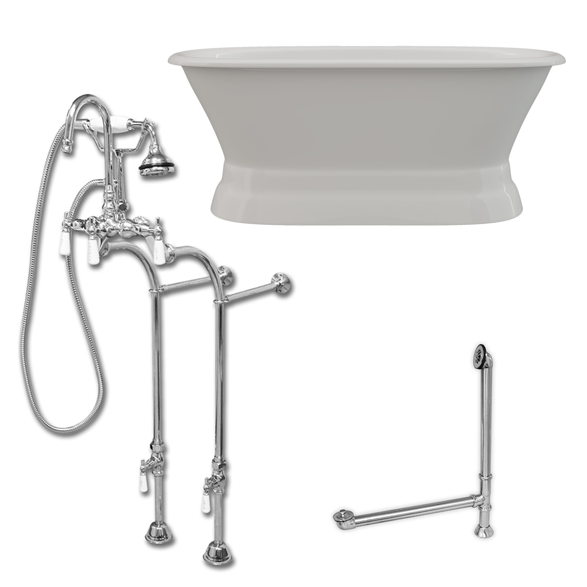 Cambridge Plumbing 60-Inch Double Ended Cast Iron Pedestal Soaking Tub (Porcelain enamel interior and white paint exterior)  and Complete Plumbing Package (Brushed nickel) DE60-PED-398684-PKG-NH - Vital Hydrotherapy