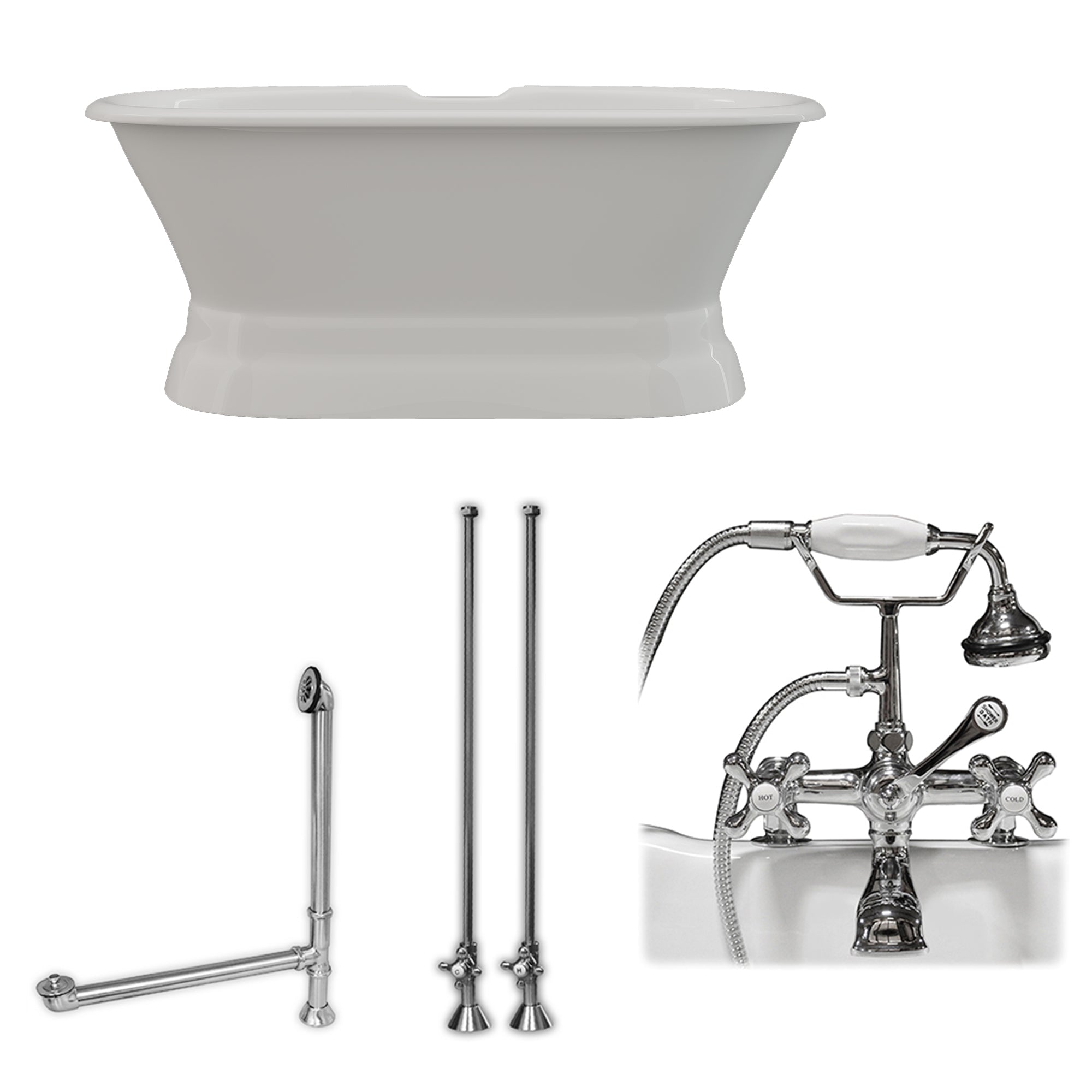 Cambridge Plumbing 60-Inch Double Ended Cast Iron Pedestal Soaking Tub (Porcelain interior and painted exterior)  and Complete Plumbing Package (Polished chrome) DE60-PED-463D-2-PKG - Vital Hydrotherapy