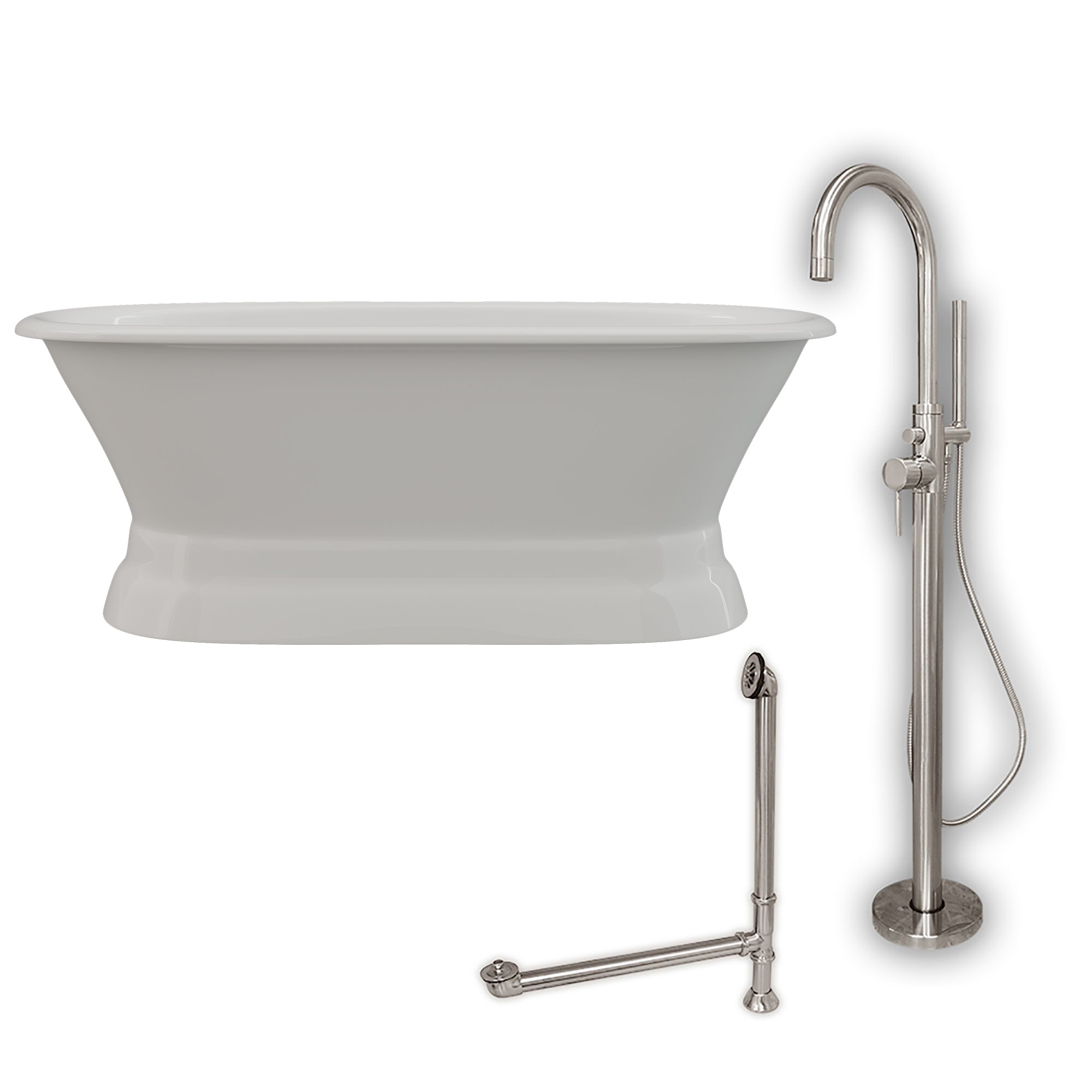 Cambridge Plumbing 66-Inch Double Ended Cast Iron Pedestal Soaking Tub (Porcelain interior and white paint exterior)  and Complete Freestanding Plumbing Package (Brushed nickel) DE66-PED-150-PKG-NH - Vital Hydrotherapy