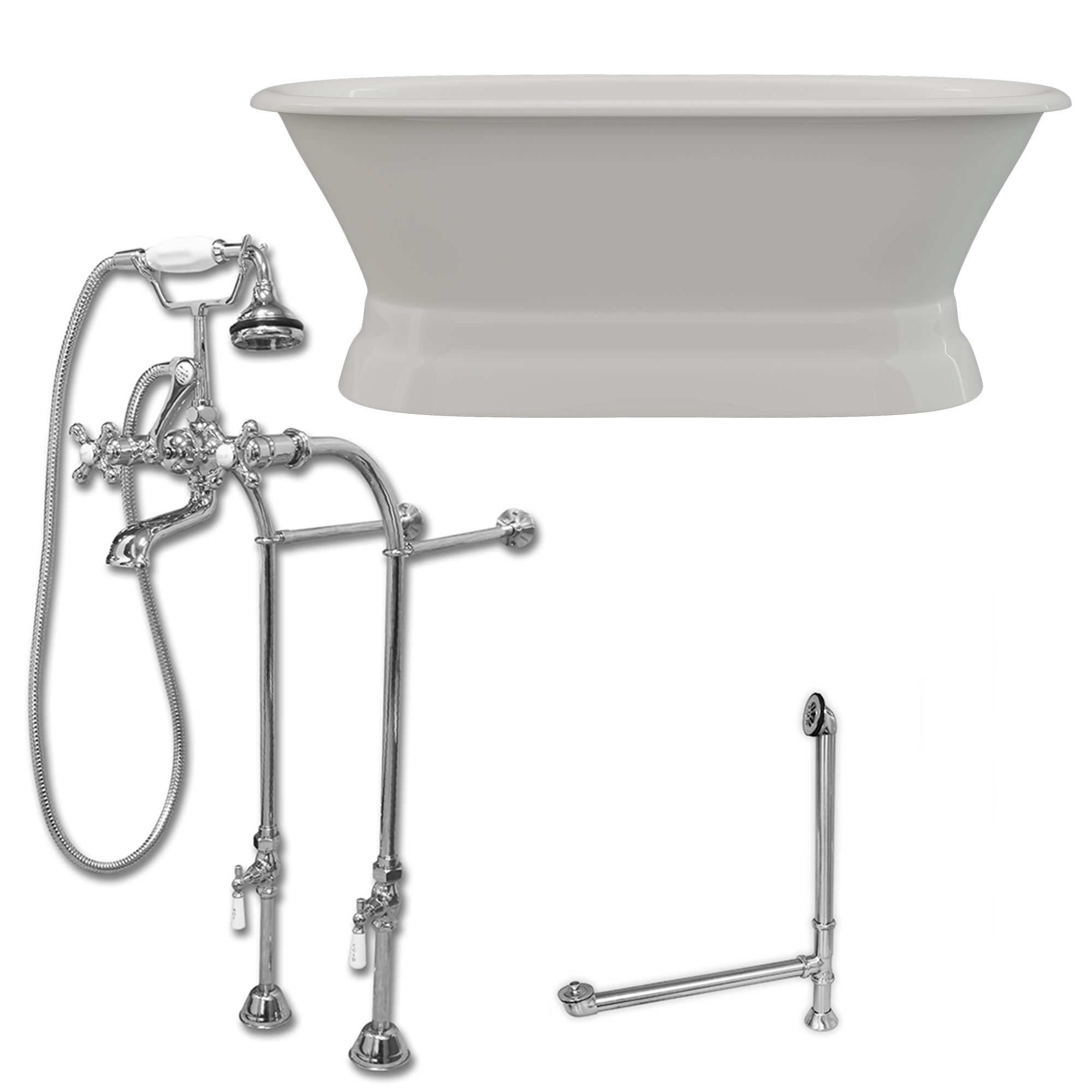 Cambridge Plumbing 66-Inch Double Ended Cast Iron Pedestal Soaking Tub (Porcelain interior and white paint exterior)  and Complete Freestanding Plumbing Package (Brushed nickel) DE66-PED-398463-PKG-NH - Vital Hydrotherapy