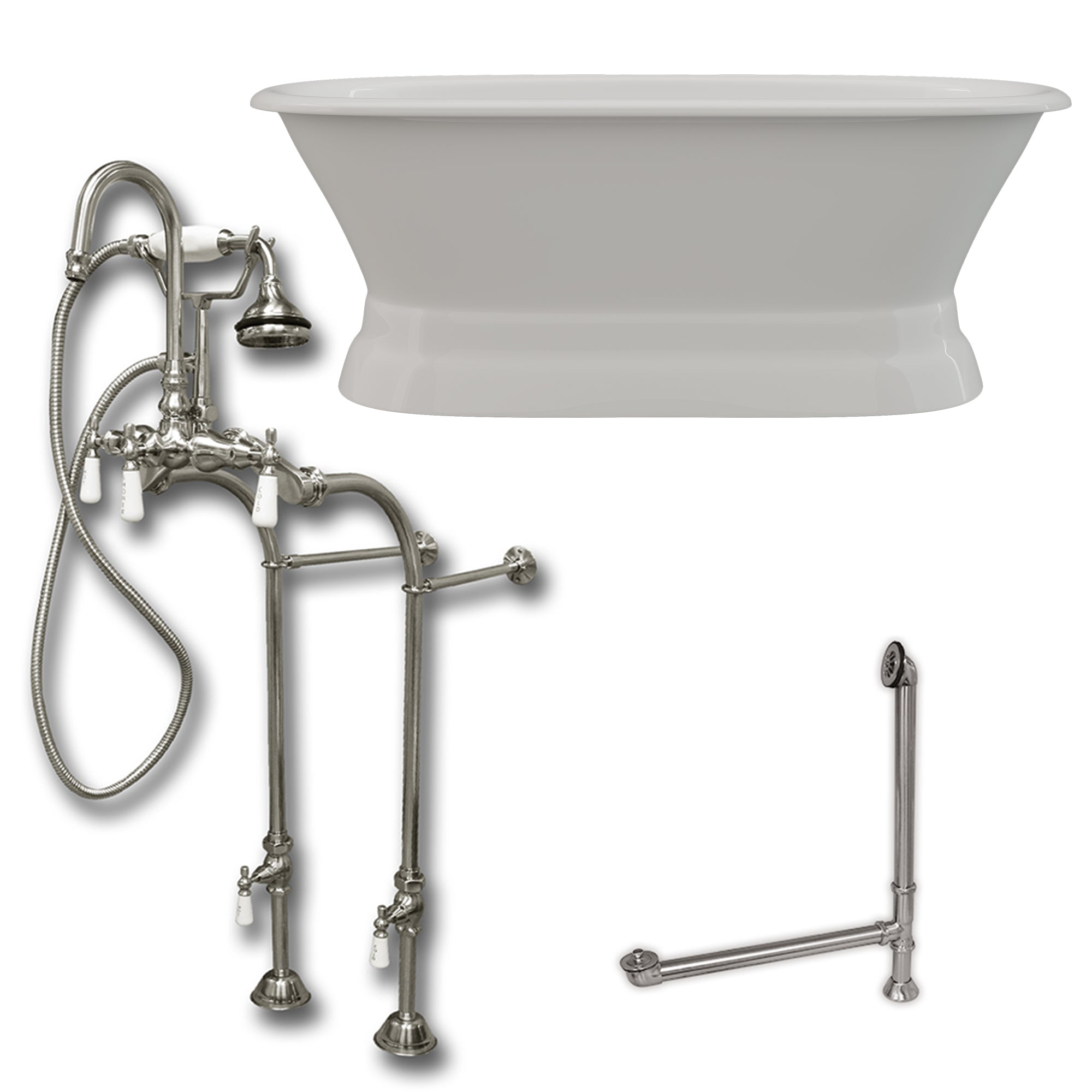 Cambridge Plumbing 66-Inch Double Ended Cast Iron Pedestal Soaking Tub (Porcelain interior and white paint exterior) and Complete Freestanding Plumbing Package (Brushed nickel) DE66-PED-398684-PKG-NH - Vital Hydrotherapy