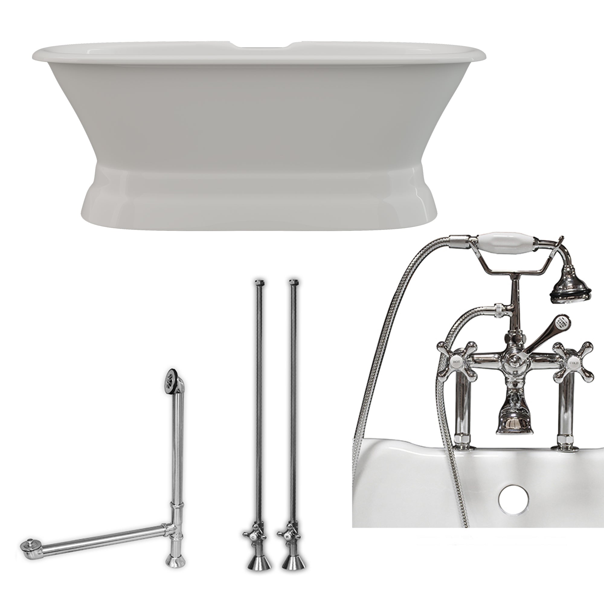 Cambridge Plumbing 66-Inch Double Ended Cast Iron Pedestal Soaking Tub and Complete Deck Mount Plumbing Package DE66-PED-463D-6-PKG-DH - Vital Hydrotherapy