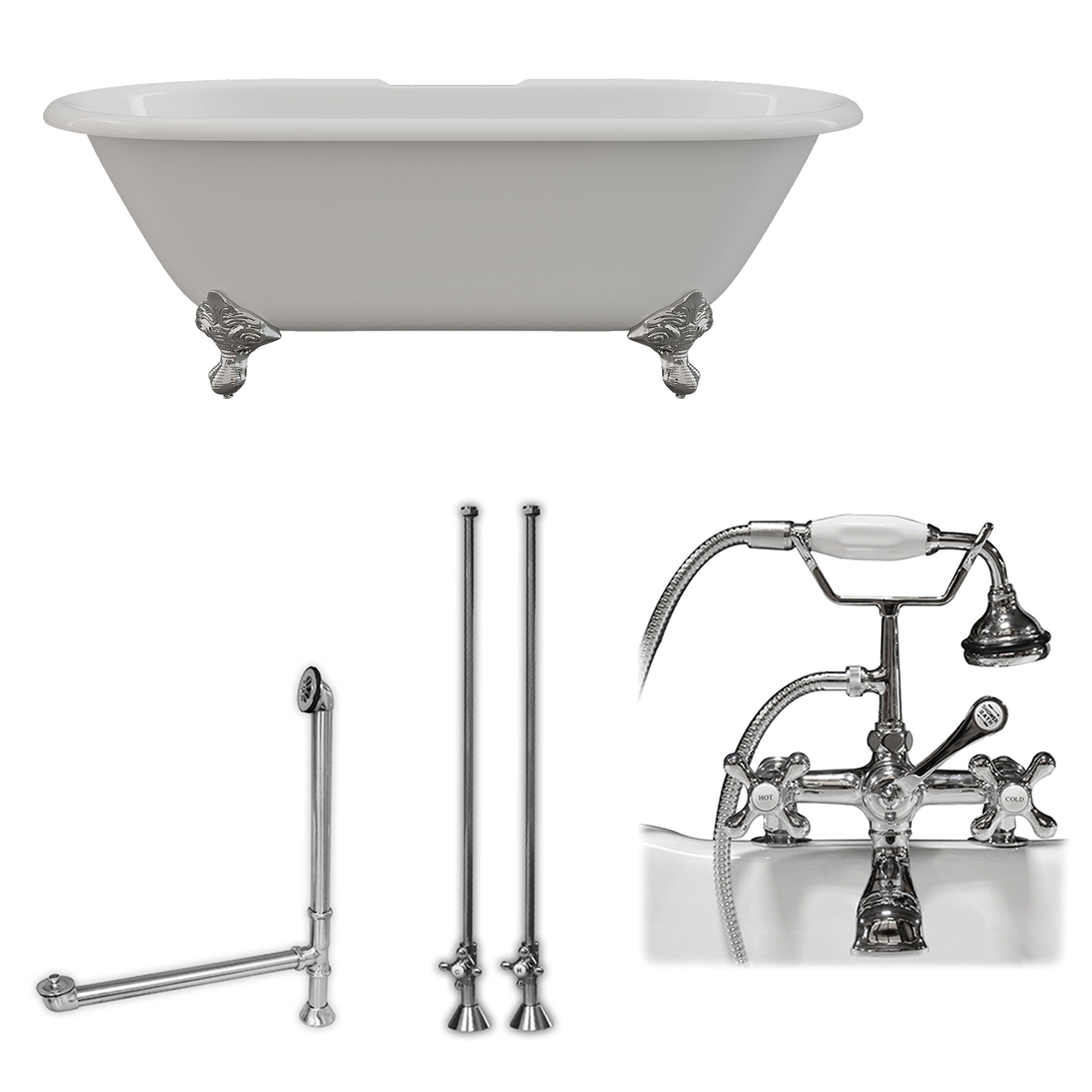 Cambridge Plumbing 66-Inch Double Ended Cast Iron Soaking Clawfoot Tub and Complete Deck Mount Plumbing Package DE67-463D-2-PKG-7DH - Vital Hydrotherapy