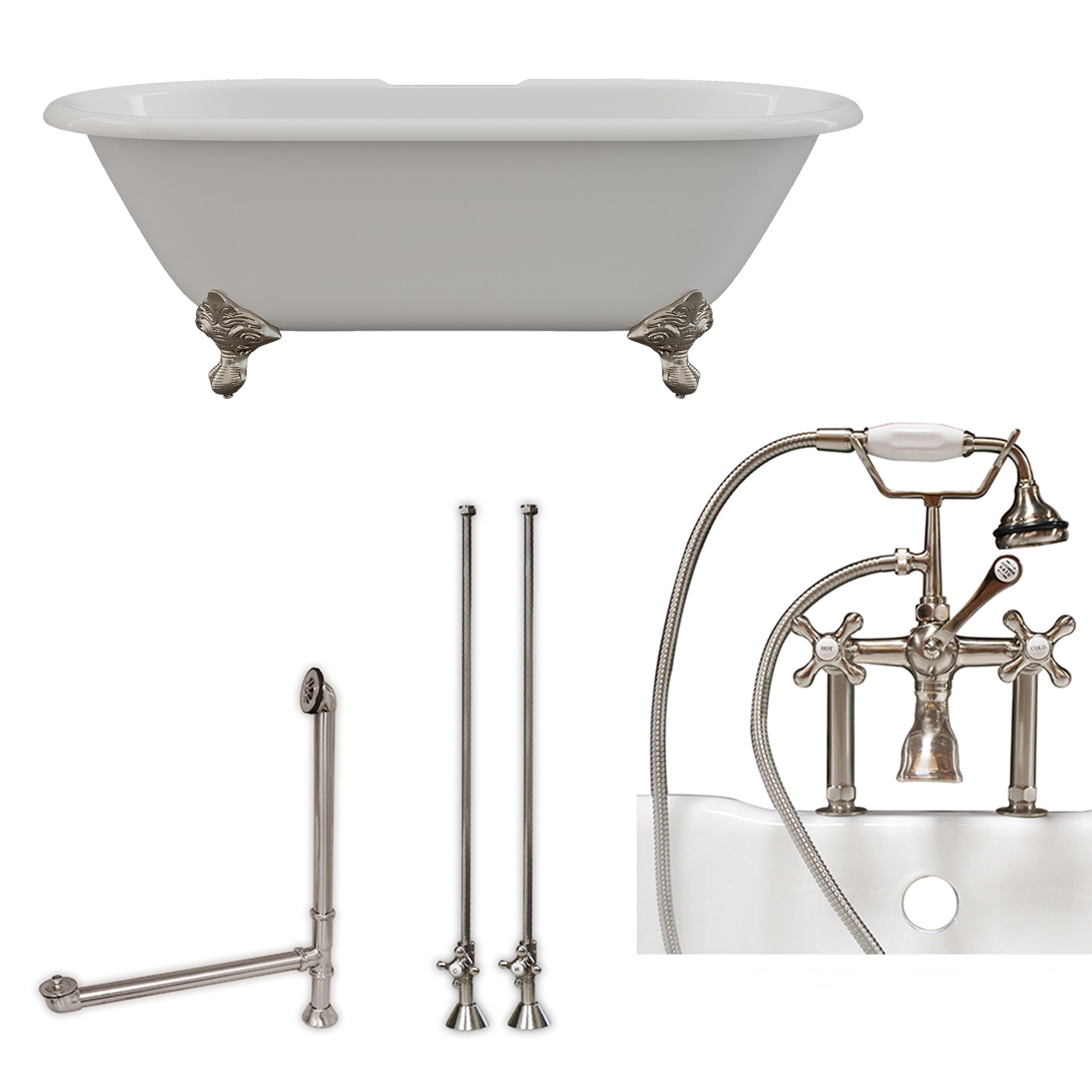 Cambridge Plumbing 66-Inch Double Ended Cast Iron Soaking Clawfoot Tub and Complete Deck Mount Plumbing Package DE67-463D-6-PKG-7DH - Vital Hydrotherapy