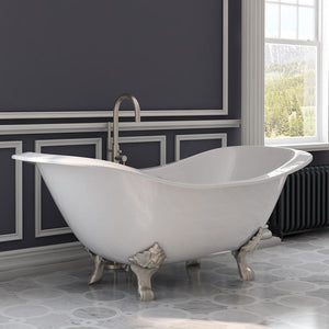 Cambridge Plumbing Double Slipper Cast Iron Soaking Tub (Porcelain interior and white paint exterior) with Lion’s Paw Feet and Free-standing Plumbing Package (Brushed nickel) DES-150-PKG-NH - Vital Hydrotherapy