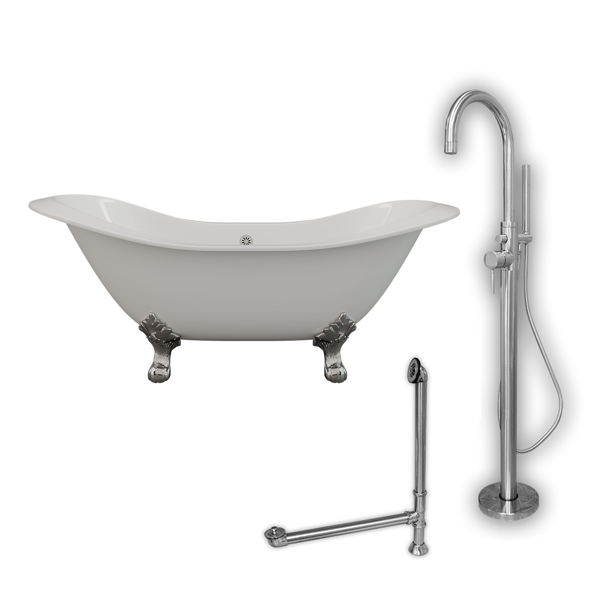 Cambridge Plumbing Double Slipper Cast Iron Soaking Tub (Porcelain interior and white paint exterior) with Lion’s Paw Feet and Free-standing Plumbing Package (Brushed nickel) DES-150-PKG-NH - Vital Hydrotherapy