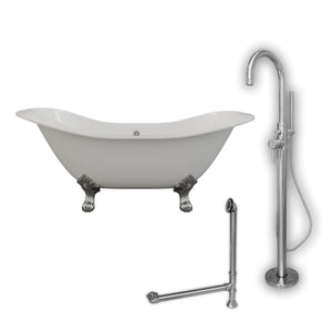 Cambridge Plumbing Double Slipper Cast Iron Soaking Tub (Porcelain interior and white paint exterior) with Lion’s Paw Feet and Free-standing Plumbing Package (Polished chrome) DES-150-PKG-NH - Vital Hydrotherapy