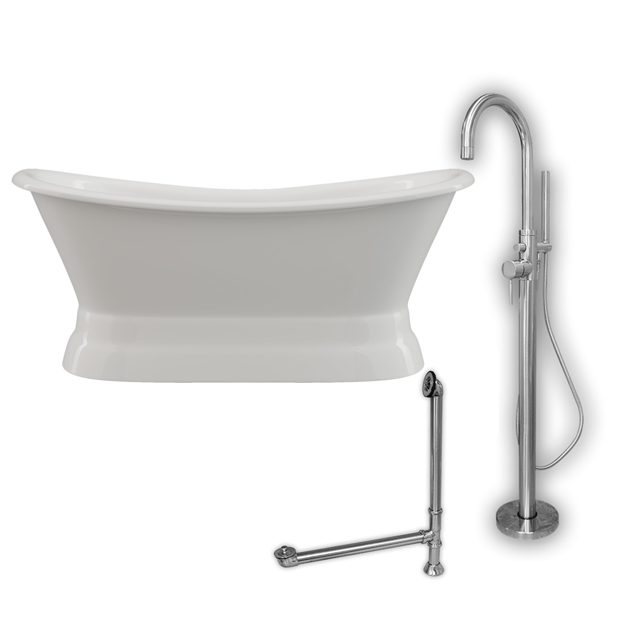 Cambridge Plumbing Double Slipper Cast Iron Pedestal Soaking Tub (Porcelain interior and white paint exterior) and Free-standing Plumbing Package (Brushed nickel) DES-PED-150-PKG-NH - Vital Hydrotherapy