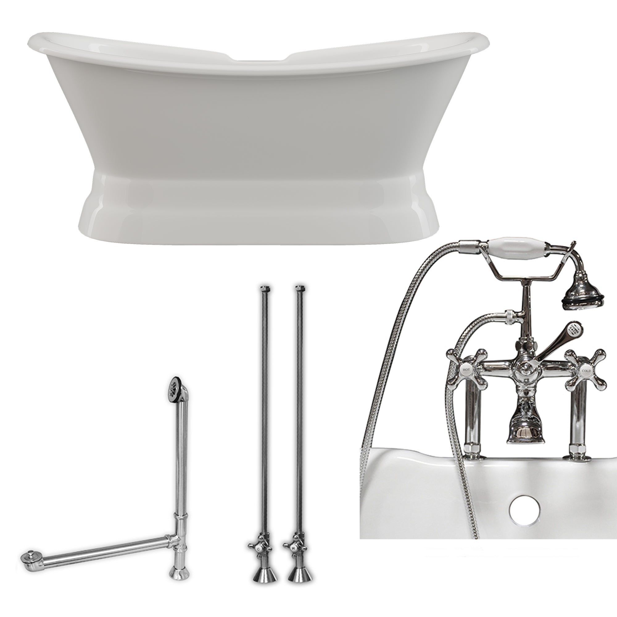 Cambridge Plumbing Double Slipper Cast Iron Pedestal Soaking Tub (Porcelain interior and white paint exterior) and Deck Mount Plumbing Package (Brushed nickel) DES-PED-463D-6-PKG-7DH - Vital Hydrotherapy