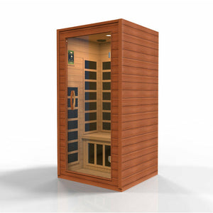 Dynamic Avila 1-2-person Low EMF (Under 8MG) FAR Infrared Sauna (Canadian Hemlock) DYN-6103-01 - Vital Hydrotherapy - PureTech™ Near Zero EMF - FAR IR Carbon Panels - Natural Reforested Canadian Hemlock wood construction - Clear Tempered glass door and with side Windows - Interior Chromotherapy Color Lighting System - Interior LED control panels - Bluetooth and MP3 auxiliary connection with built in speakers - Vital Hydrotherapy