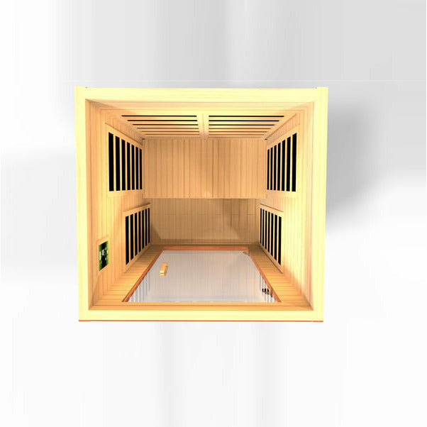 Dynamic Avila 1-2-person Low EMF (Under 8MG) FAR Infrared Sauna (Canadian Hemlock) DYN-6103-01 - Vital Hydrotherapy - PureTech™ Near Zero EMF - FAR IR Carbon Panels - Natural Reforested Canadian Hemlock wood construction - Clear Tempered glass door and with side Windows - Interior Chromotherapy Color Lighting System - Interior LED control panels - Bluetooth and MP3 auxiliary connection with built in speakers - Vital Hydrotherapy