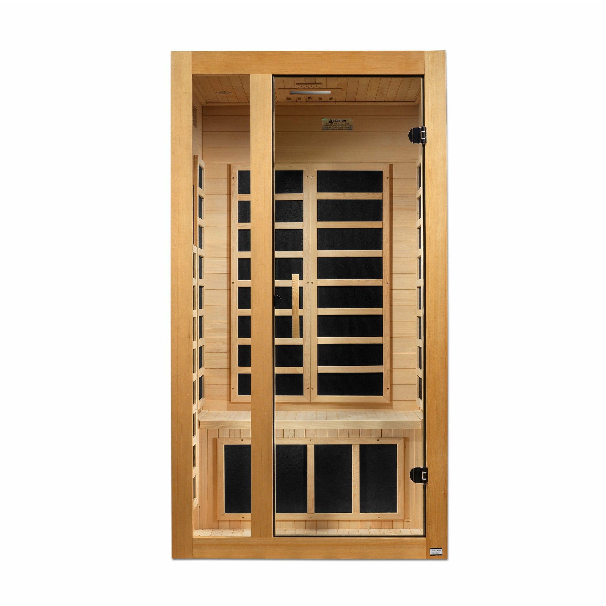 Dynamic Gracia Low EMF FAR Infrared Sauna - 1-2 Person Natural hemlock wood construction Roof vent with Tempered glass door isometric view in white background