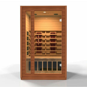 Dynamic Cardoba 2-Person Full Spectrum Near Zero EMF (Under 2MG) FAR Infrared Sauna (Canadian Hemlock) DYN-6203-02 FS - Full 2 person capacity - PureTech™ Near Zero EMF - FAR IR Carbon Panels - Natural Reforested Canadian Hemlock wood construction - Clear Tempered glass door and with side Windows - Interior Chromotherapy Color Lighting System - Interior LED control panels - Bluetooth and MP3 auxiliary connection with built in speakers - Vital Hydrotherapy