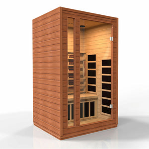 Dynamic Cardoba 2-Person Full Spectrum Near Zero EMF (Under 2MG) FAR Infrared Sauna (Canadian Hemlock) DYN-6203-02 FS - Full 2 person capacity - PureTech™ Near Zero EMF - FAR IR Carbon Panels - Natural Reforested Canadian Hemlock wood construction - Clear Tempered glass door and with side Windows - Interior Chromotherapy Color Lighting System - Interior LED control panels - Bluetooth and MP3 auxiliary connection with built in speakers - Vital Hydrotherapy