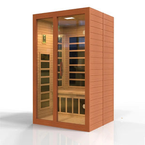 Dynamic Santiago Elite 2-person Ultra Low EMF (Under 3MG) FAR Infrared Sauna (Canadian Hemlock) DYN-6209-02 Elite - Carbon PureTech™ Ultra Low EMF Heat Emitters - Natural hemlock wood construction - Interior and exterior LED control panel - Tempered glass door - Interior reading/chromotherapy lighting system - Vital Hydrotherapy