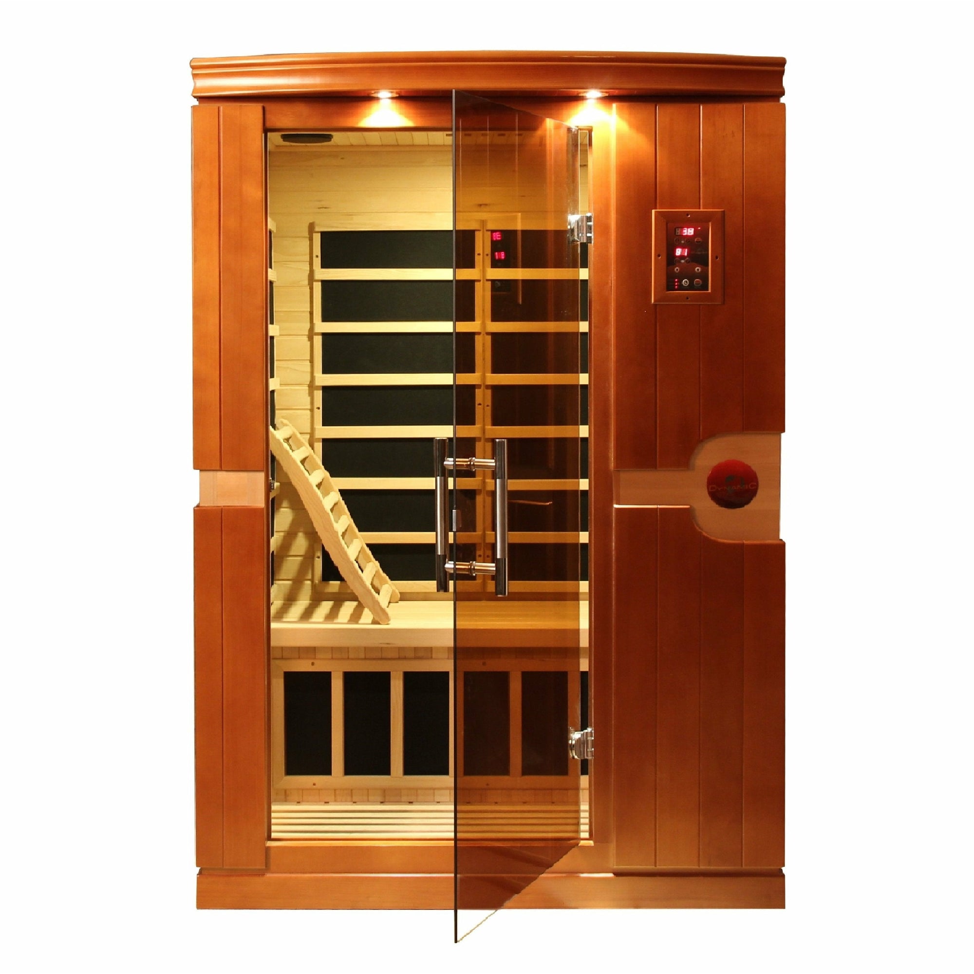 Dynamic Venice Edition Low EMF Far Infrared Sauna - 2 Person Natural hemlock wood construction Roof vent with Tempered glass door, Interior reading/chromotherapy lighting system and Interior and exterior LED control panel side view in white background