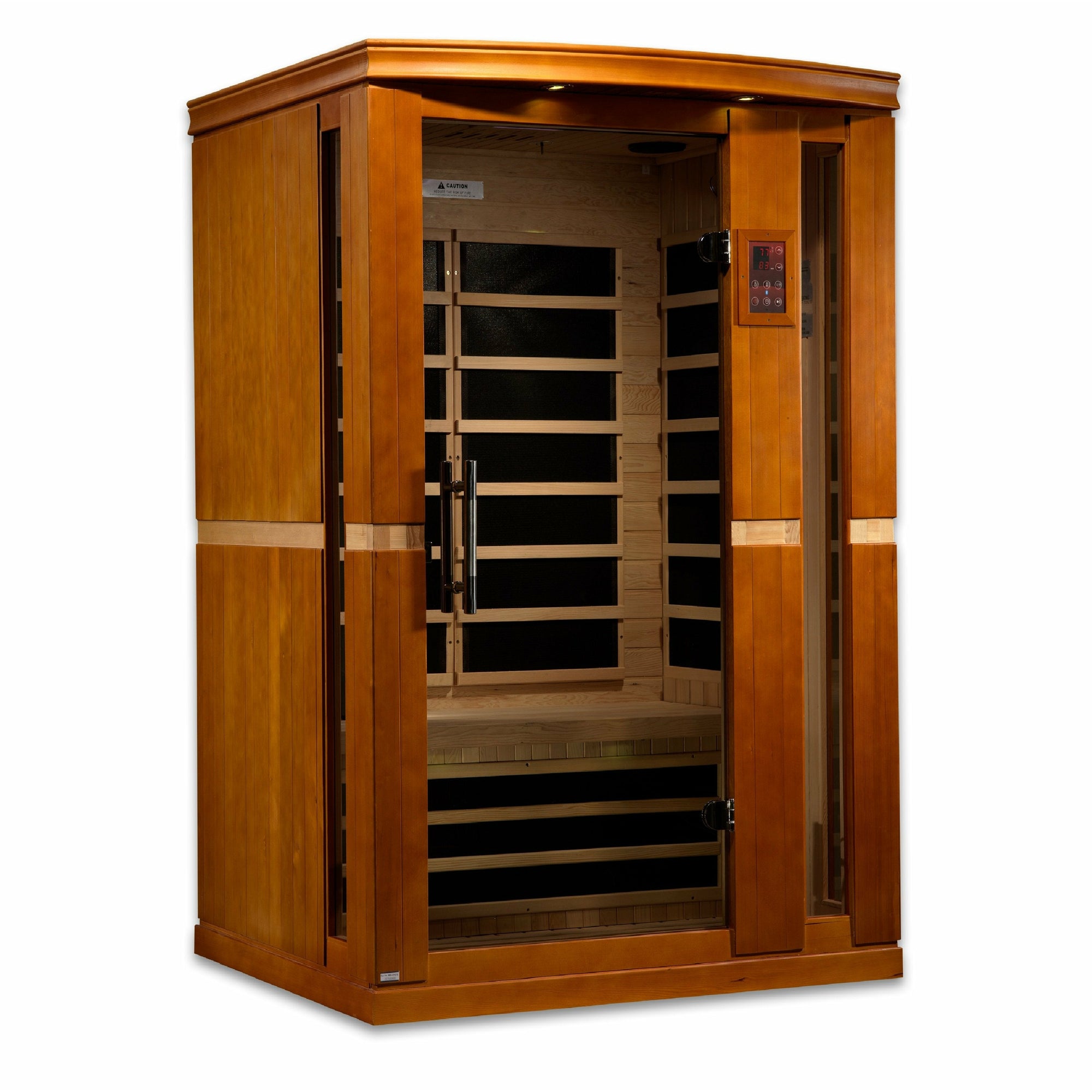 Dynamic Vittoria Edition Low EMF Far Infrared Sauna - 2 Person Natural hemlock wood construction Roof vent with Tempered glass door and exterior LED control panel isometric view in white background