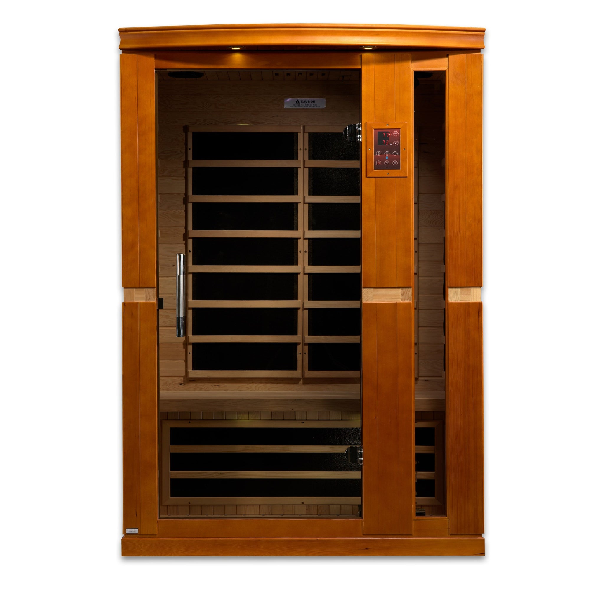 Dynamic Vittoria Edition Low EMF Far Infrared Sauna - 2 Person Natural hemlock wood construction Roof vent with Tempered glass door and exterior LED control panel isometric view in white background