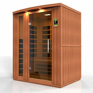 Dynamic Lugano 3-person Low EMF (Under 8MG) FAR Infrared Sauna (Canadian Hemlock) DYN-6336-02 - Carbon PureTech™ Ultra Low EMF Heat Emitters - Natural hemlock wood construction - Interior and exterior LED control panel - Tempered glass door - Interior reading/chromotherapy lighting system - Vital Hydrotherapy