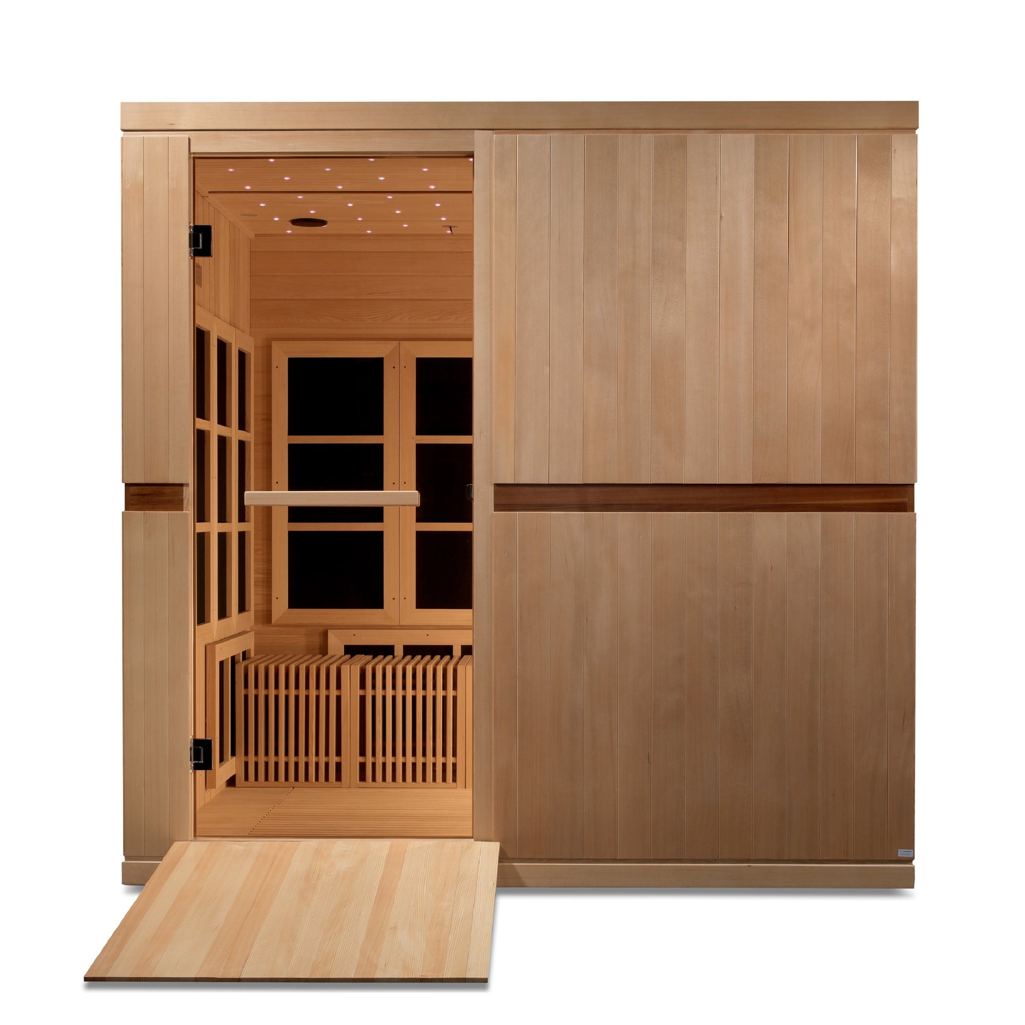 Catalonia Ultra Low EMF FAR Infrared Sauna - 8 Person - Natural Reforested Canadian Hemlock wood construction, Roof vent with tempered glass door, Galaxy star chromotherapy lighting system, 8 Custom designed portable comfort benches, Interior reading lights front view in white background