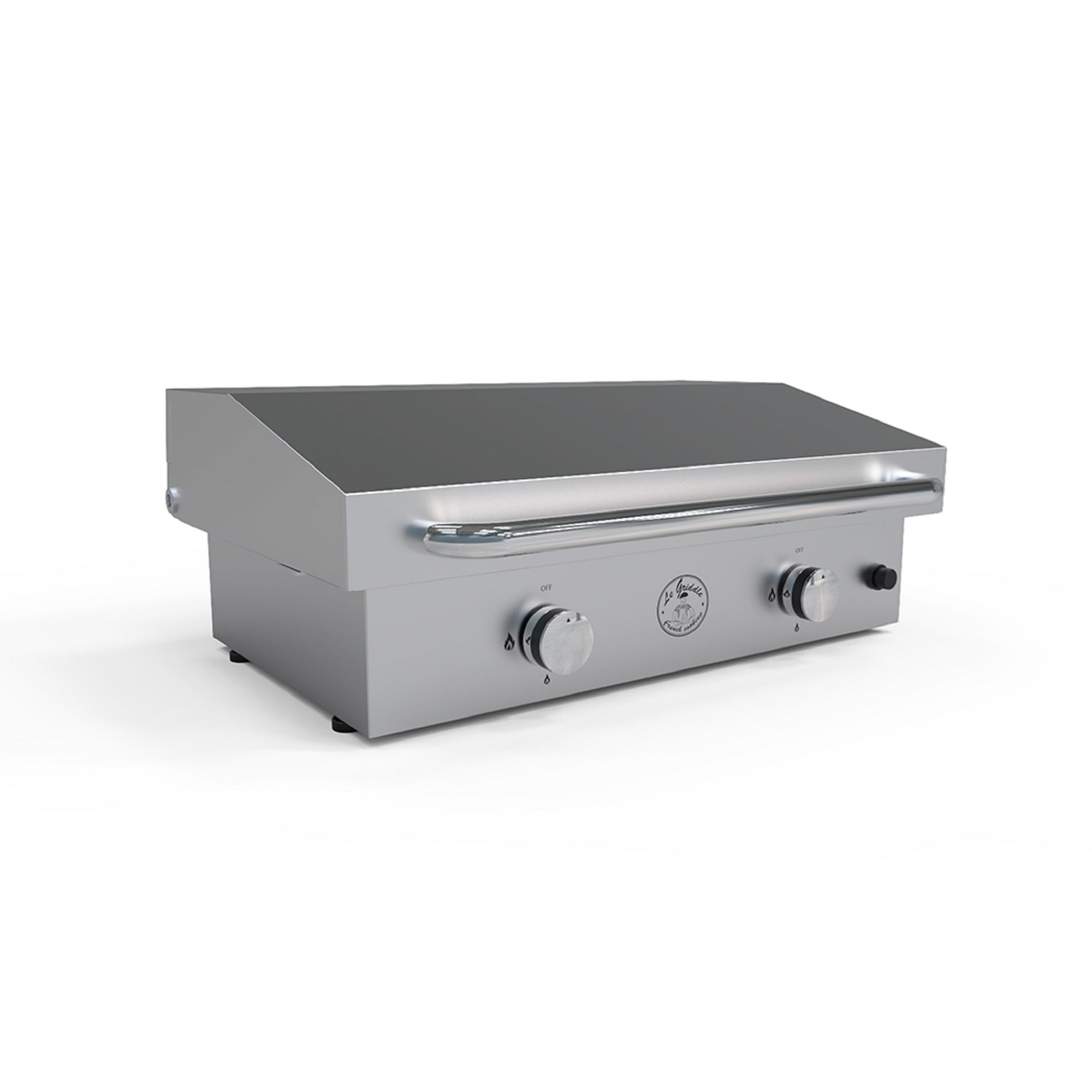 Le Griddle-2 burner gas - Stainless steel, Removable stainless steel griddle plate, Ventilation grill, curved tray with safety valve and thermocouple - open - in a white background isometric view