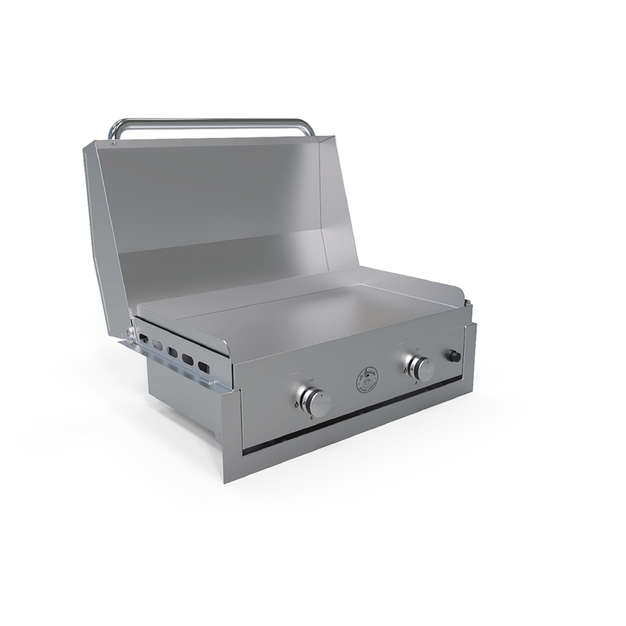 Le Griddle-2 burner gas - Stainless steel, Removable stainless steel griddle plate, Ventilation grill, curved tray with safety valve and thermocouple - open - in a white background isometric view