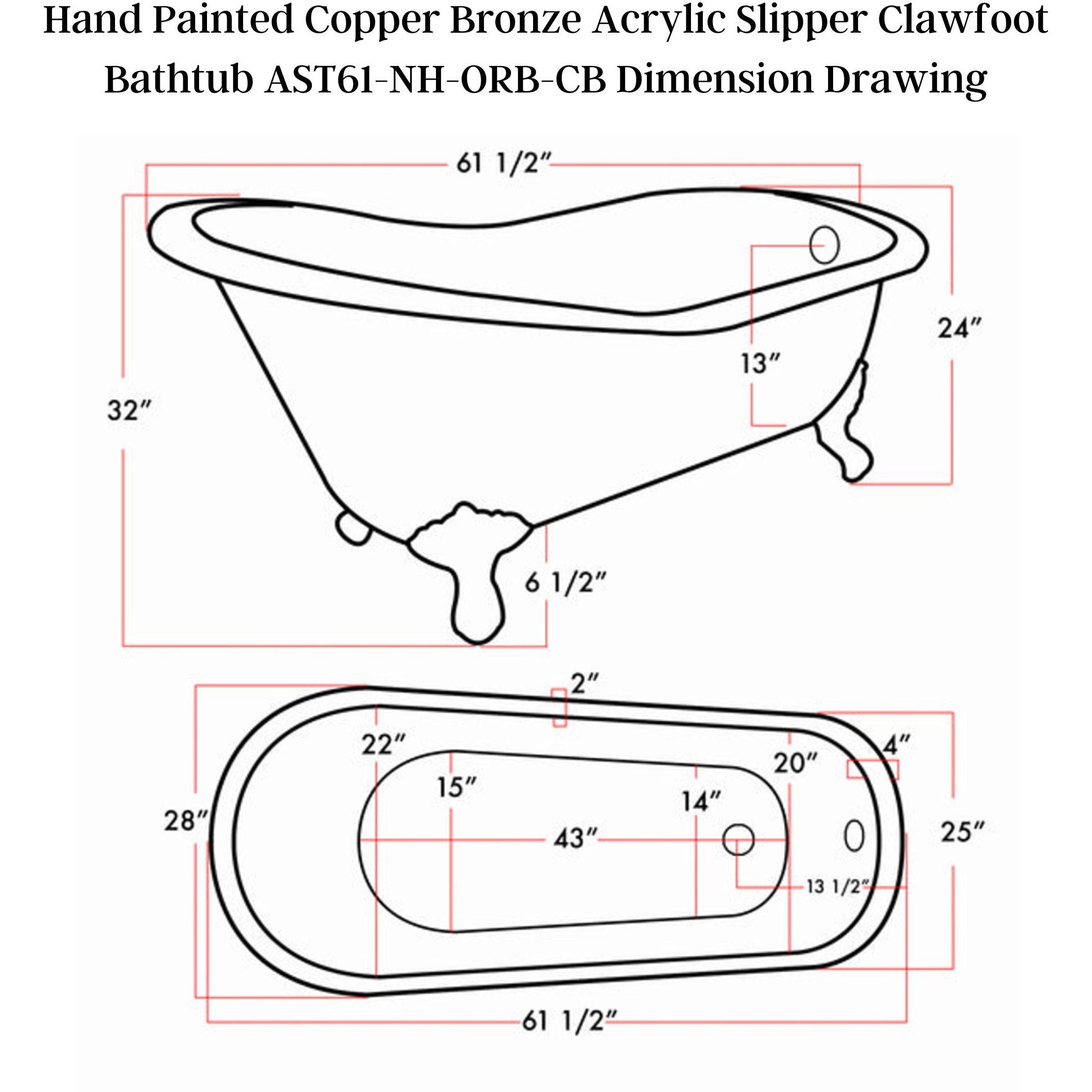 Cambridge Plumbing Hand Painted Copper Bronze Acrylic Slipper Clawfoot Bathtub (Fiberglass Core, Interior White Gloss Finish & Hand Painted Faux Copper Bronze Finish) AST61-NH-ORB-CB - Vital Hydrotherapy