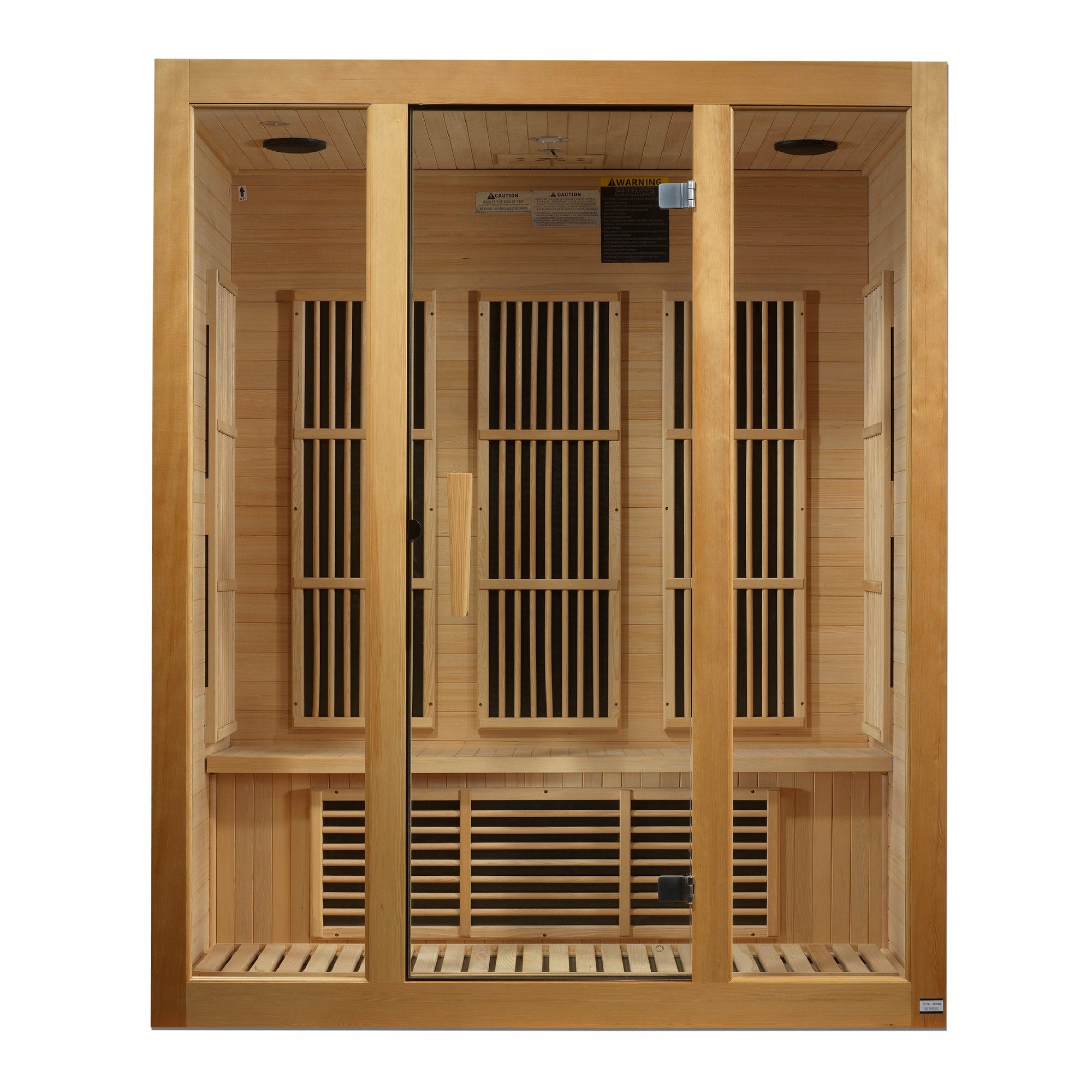 Maxxus Bellevue Low EMF FAR Infrared Sauna - 3 Person Natural hemlock wood construction Roof vent with Tempered glass door and 2 full-length side windows and Interior reading light isometric view in white background