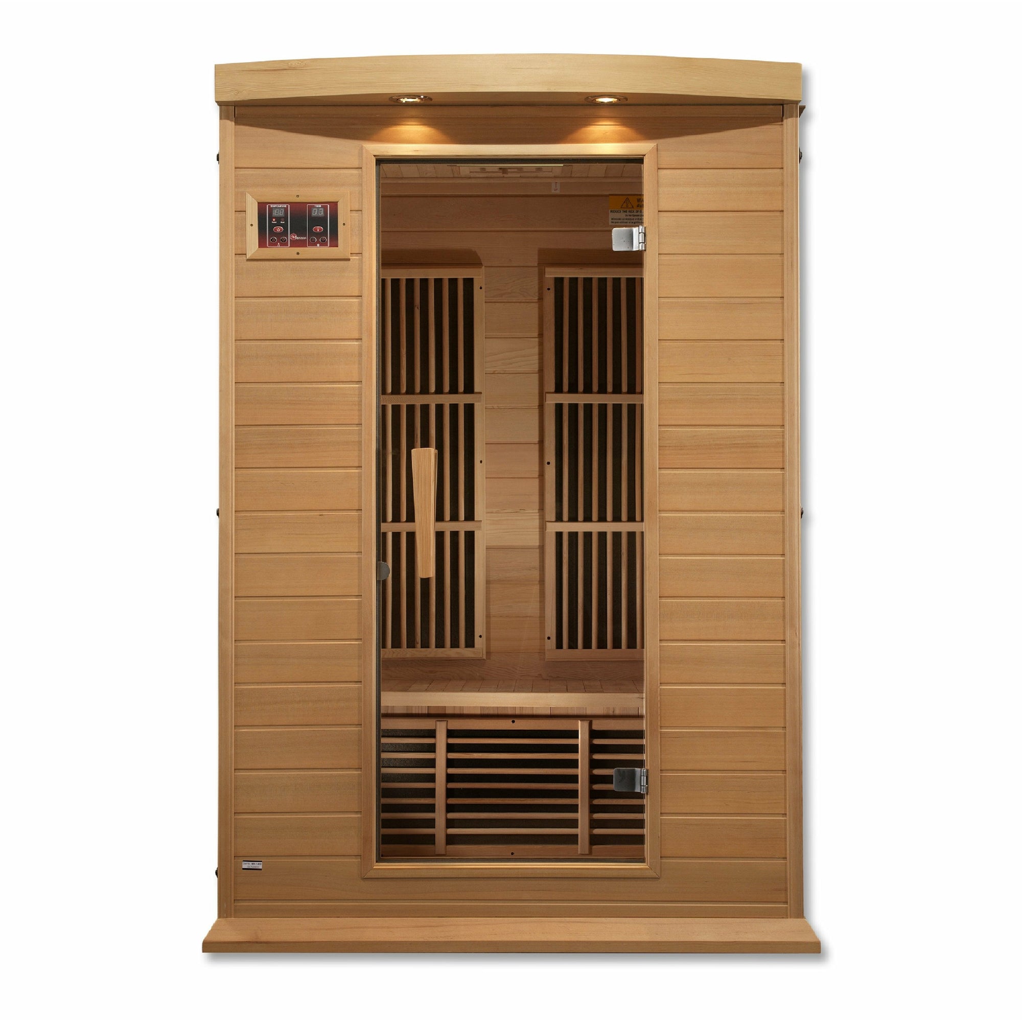 Maxxus Low EMF FAR Infrared Sauna - 2 Person - Natural hemlock wood construction with Tempered glass door and 2 full-length side windows,  Interior color therapy lighting,  Carbon heating panels, Roof vent,  Interior/exterior LED control panels,  FM Radio with BT, MP3 auxiliary, SD, and USB connection Electrical service in a white background