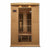 Maxxus Low EMF FAR Infrared Sauna - 2 Person - Natural hemlock wood construction with Tempered glass door and 2 full-length side windows,  Interior color therapy lighting,  Carbon heating panels, Roof vent,  Interior/exterior LED control panels,  FM Radio with BT, MP3 auxiliary, SD, and USB connection Electrical service in a white background