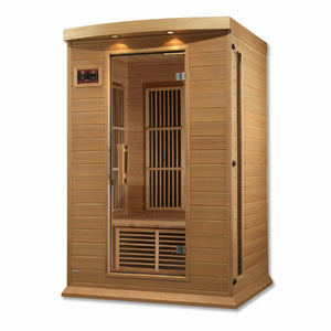 Maxxus Low EMF FAR Infrared Sauna - 2 Person - Natural hemlock wood construction with Tempered glass door and 2 full-length side windows,  Interior color therapy lighting,  Carbon heating panels, Roof vent,  Interior/exterior LED control panels,  FM Radio with BT, MP3 auxiliary, SD, and USB connection Electrical service in a white background