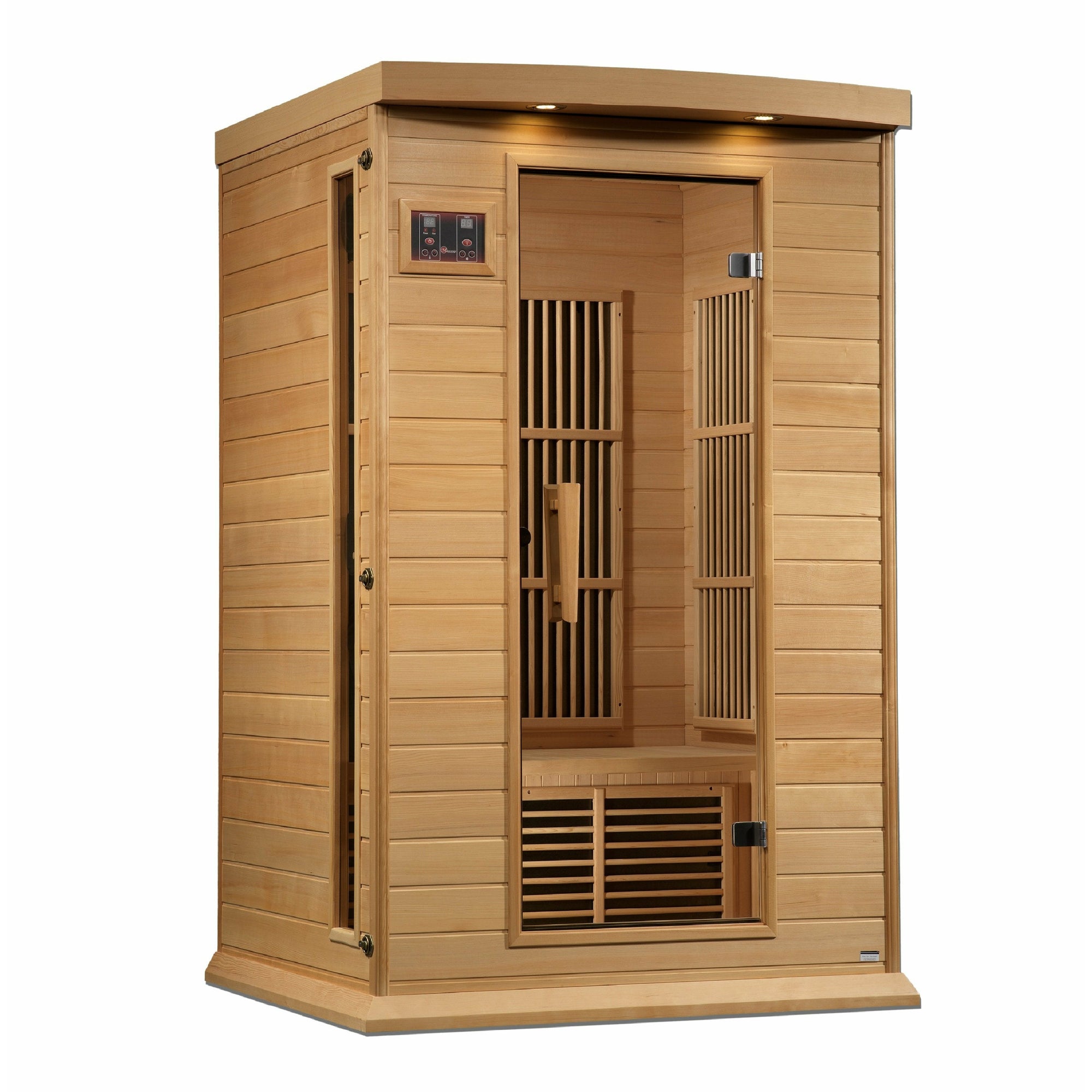 Maxxus Near Zero EMF FAR Infrared Sauna - 2 Person  - Natural canadian hemlock wood construction with Tempered glass door and 2 full-length side windows, Interior reading light, Carbon Tech Low EMF FAR Infrared heaters , Roof vent, Interior LED control panel,  FM Radio with BT, MP3 auxiliary, SD, and USB connection, Electrical service in a white background