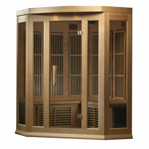 Maxxus Low EMF FAR Infrared Sauna - 3 Person - Natural hemlock wood construction with Tempered glass door and 2 full-length side windows,  Interior color therapy lighting,  Carbon heating panels, Roof vent,  Interior/exterior LED control panels,  FM Radio with BT, MP3 auxiliary, SD, and USB connection Electrical service in a white background