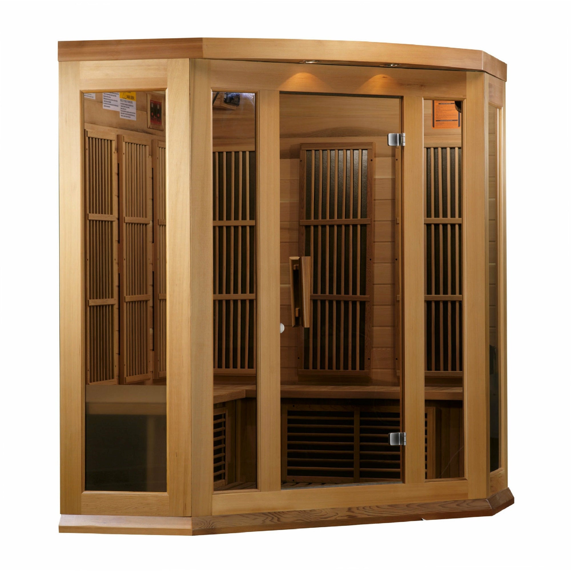 Maxxus Low EMF FAR Infrared Sauna - 3 Person - Natural Canadian red cedar construction with Tempered glass door and 2 full-length side windows,  Interior color therapy lighting,  Carbon heating panels, Roof vent,  Interior/exterior LED control panels,  FM Radio with BT, MP3 auxiliary, SD, and USB connection Electrical service in a white background