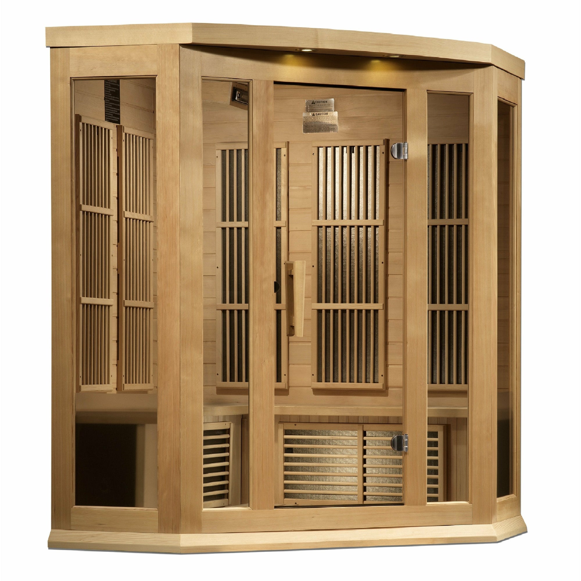 Maxxus Corner Near Zero EMF FAR Infrared Sauna - 3 Person - Natural Canadian Red Cedar with Tempered glass door and 2 full-length side windows,  Interior color therapy lighting,  Carbon PureTech™ Near Zero EMF Heat Emitters, Roof vent,  Interior/exterior LED control panels,  FM Radio with BT, MP3 auxiliary, SD, and USB connection Electrical service in a white background