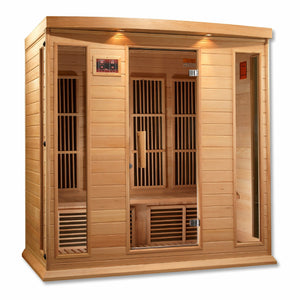 Maxxus Low EMF FAR Infrared Sauna - 4 Person - Natural hemlock wood construction with Tempered glass door and 2 full-length side windows,  Interior color therapy lighting,  Carbon heating panels, Roof vent,  Interior/exterior LED control panels,  FM Radio with BT, MP3 auxiliary, SD, and USB connection Electrical service in a white background